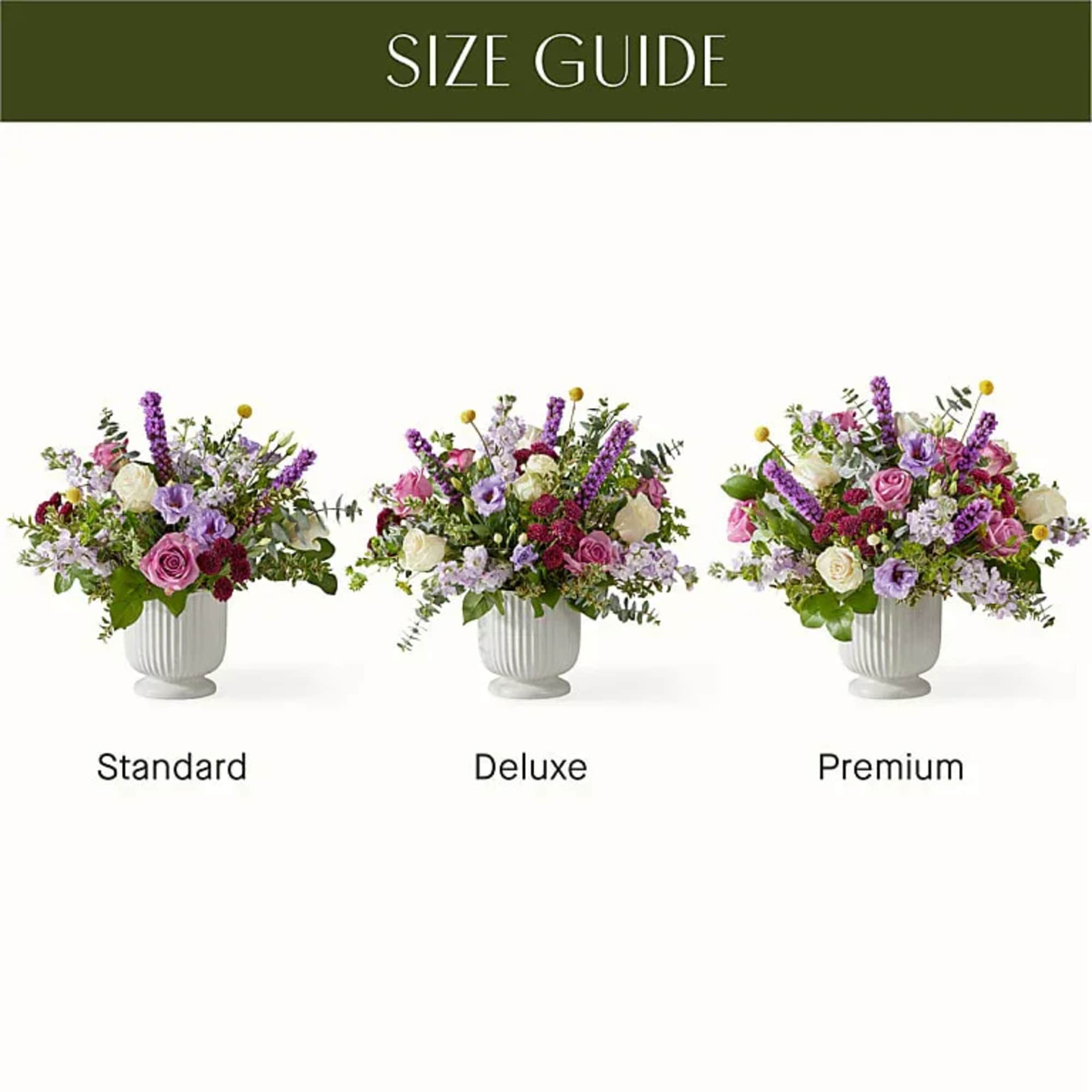 Size guide showing three floral arrangements in white vases labeled Standard, Deluxe, and Premium.