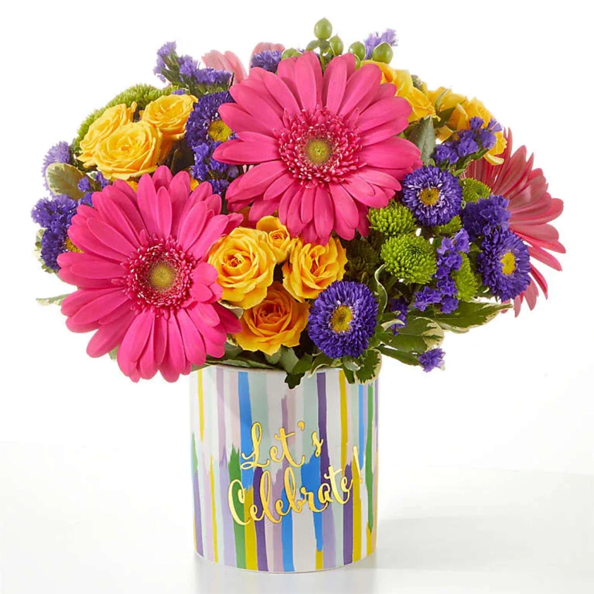 Bright mixed bouquet in a striped vase with "Let's Celebrate" text