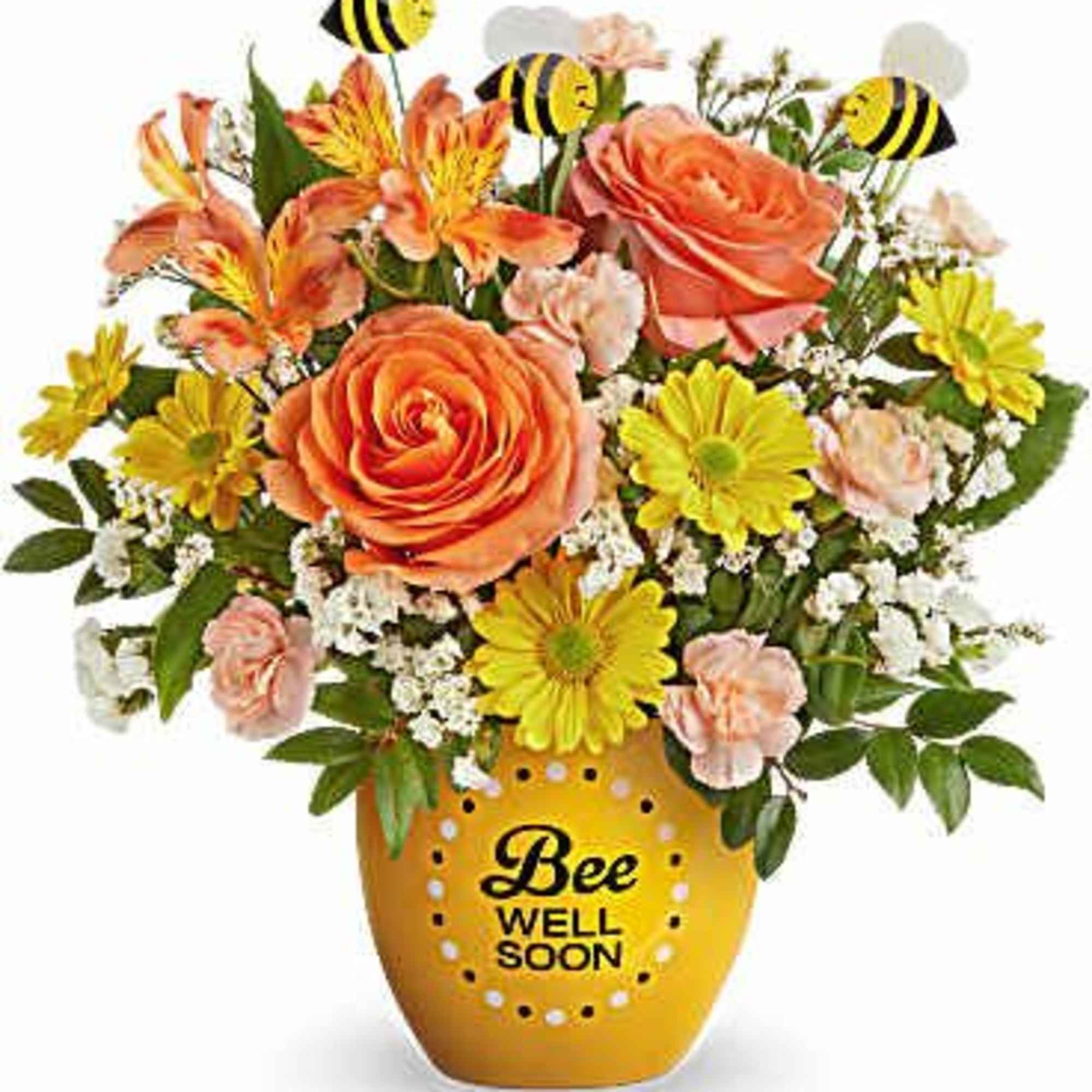 Orange and yellow flower arrangement in a bee-themed pot with bee picks