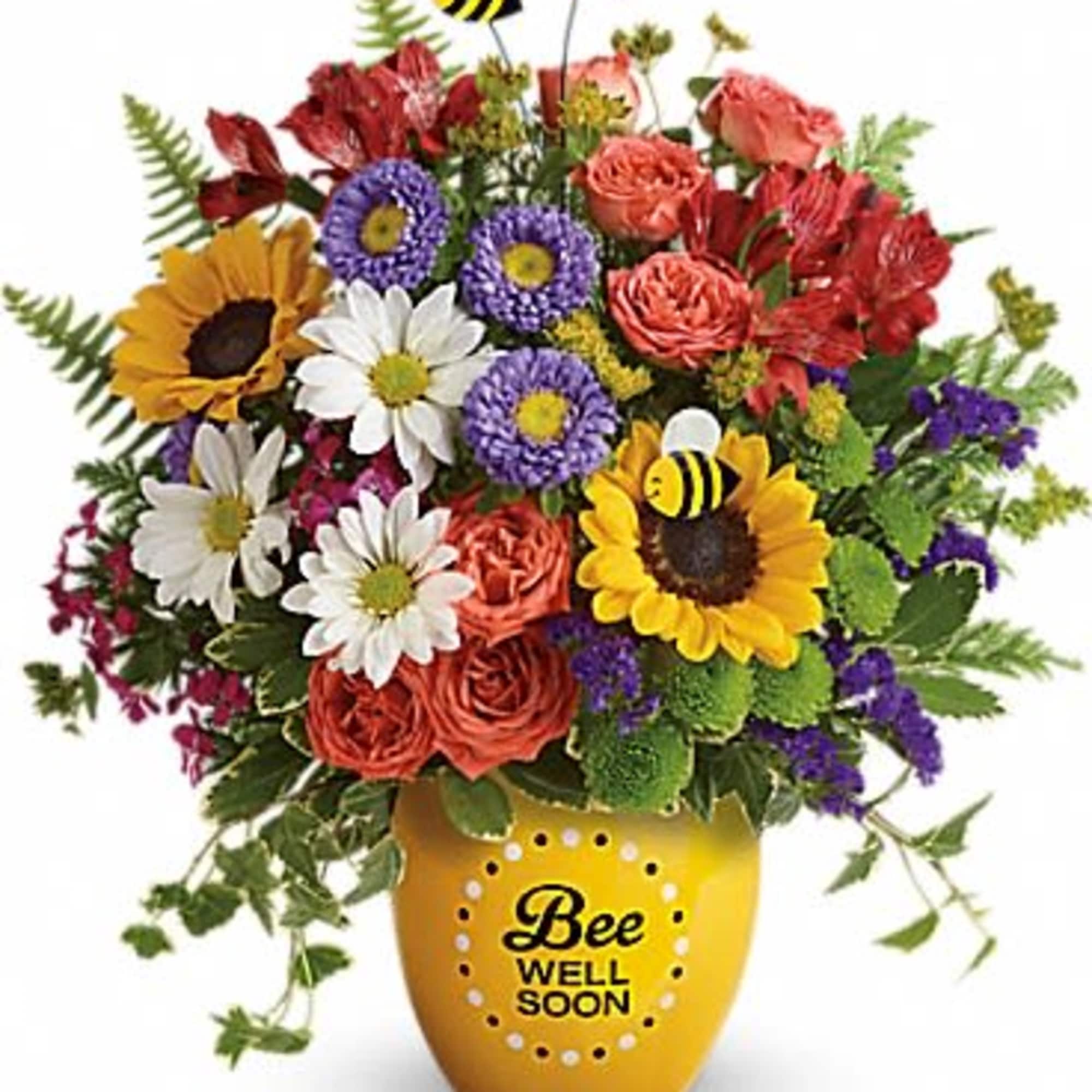 Colorful bouquet in a yellow vase with bee decorations and "Bee Well Soon" text