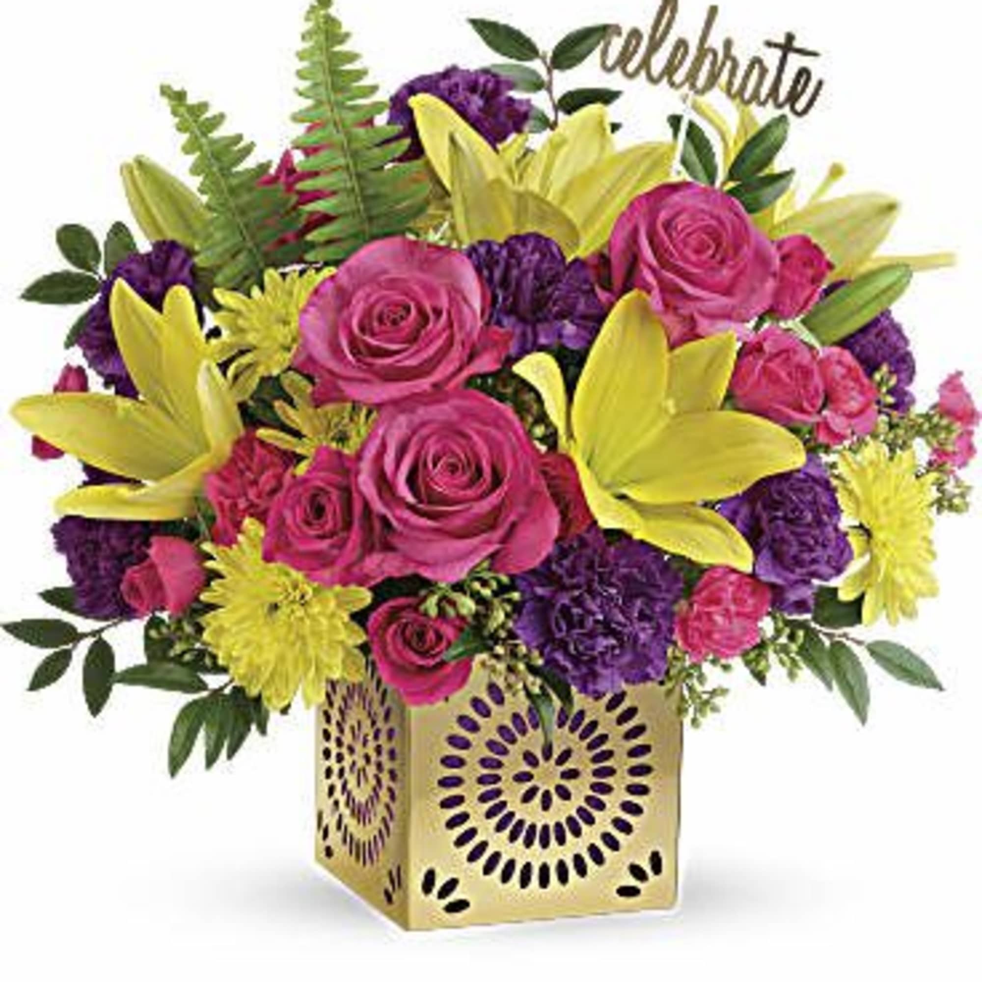 Bouquet of pink roses, yellow lilies, and purple flowers in a decorative gold vase