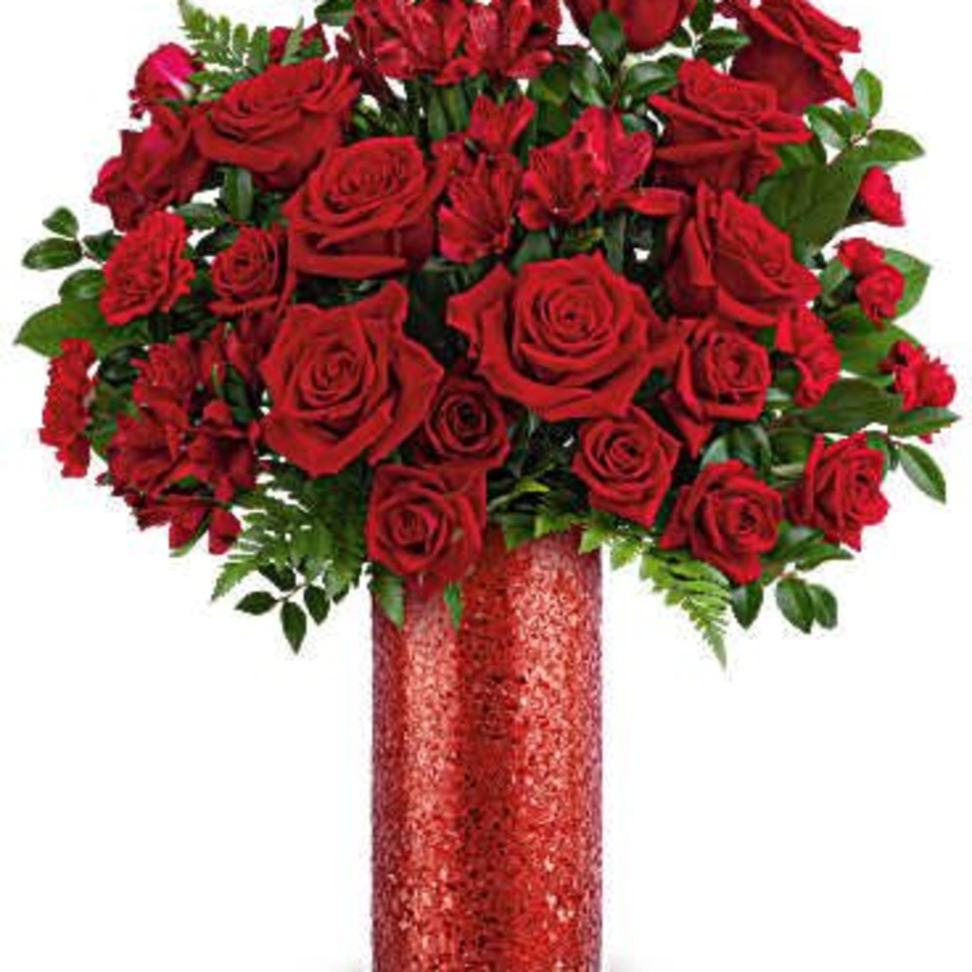 Red rose bouquet in a glittery red vase