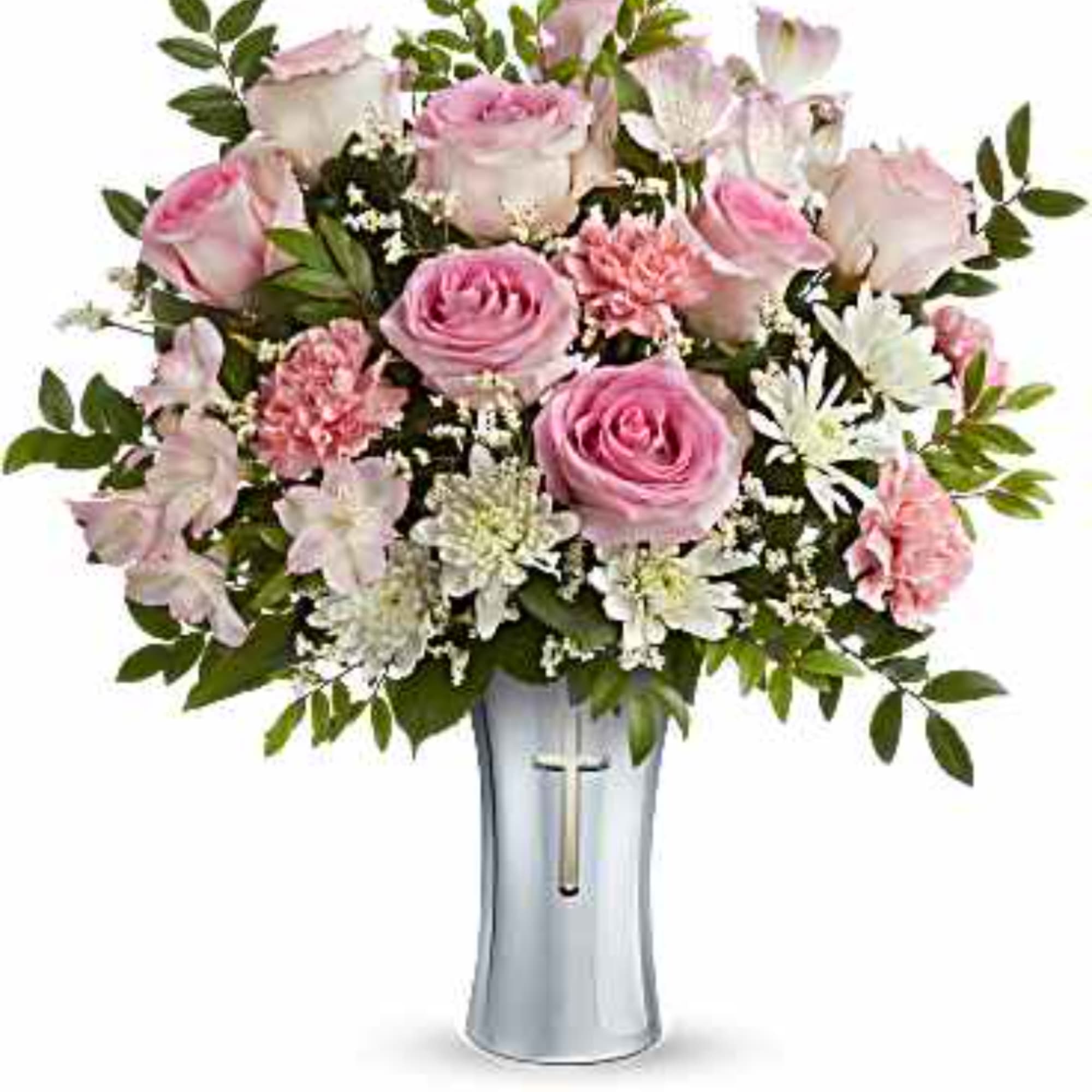 Pink roses and white flowers arranged in a silver vase