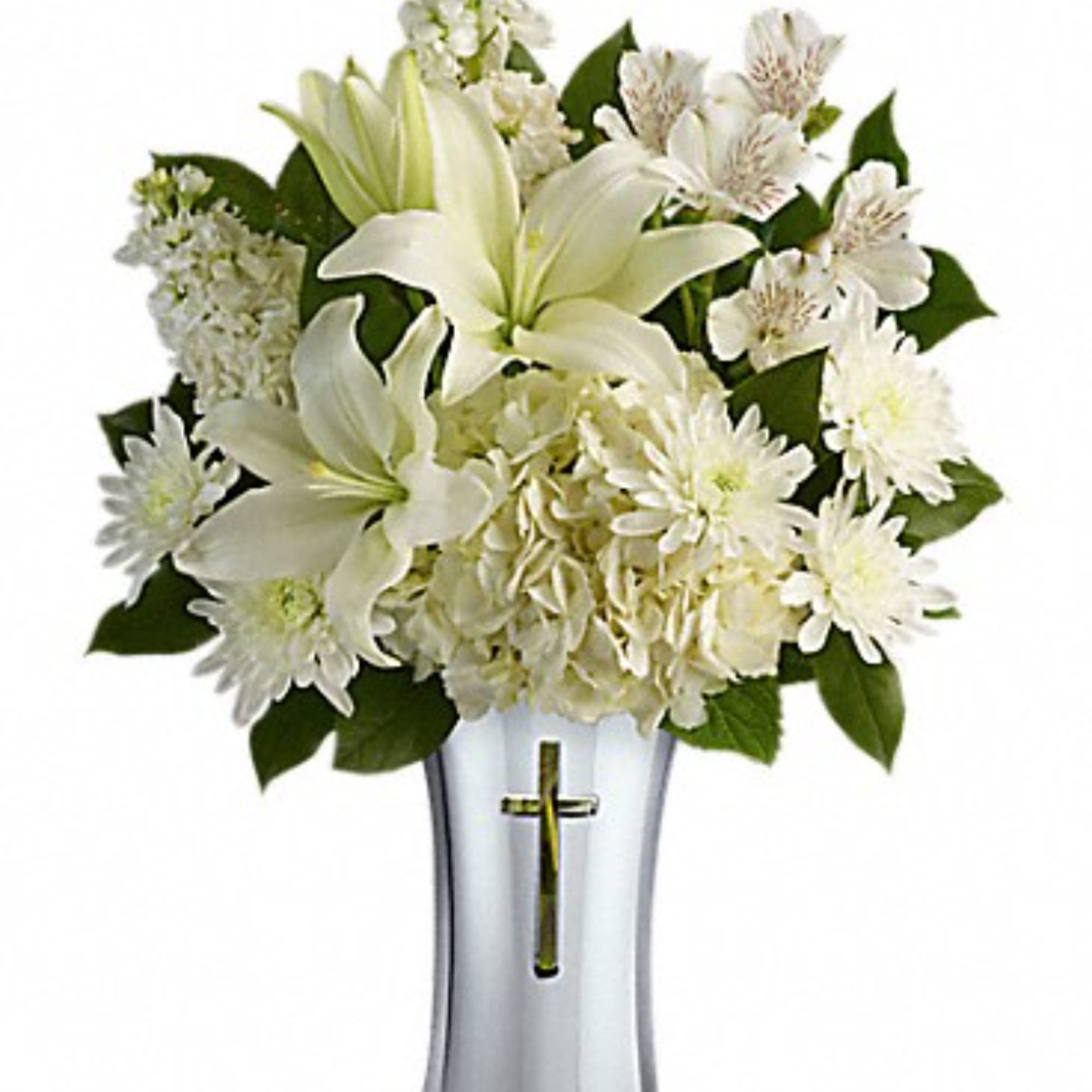 White lilies and daisies arranged in a silver vase with a cross