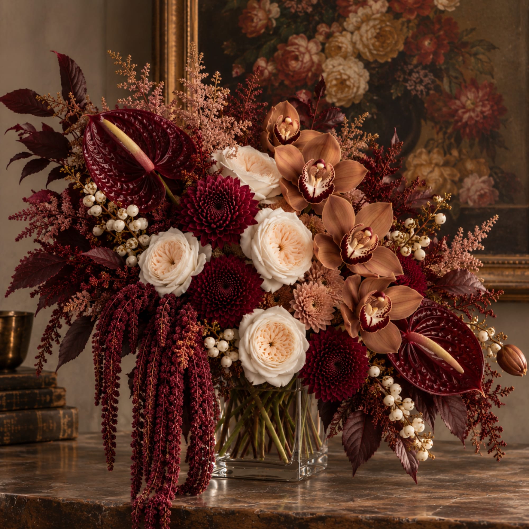 Deep burgundy and cream floral arrangement in a clear glass vase