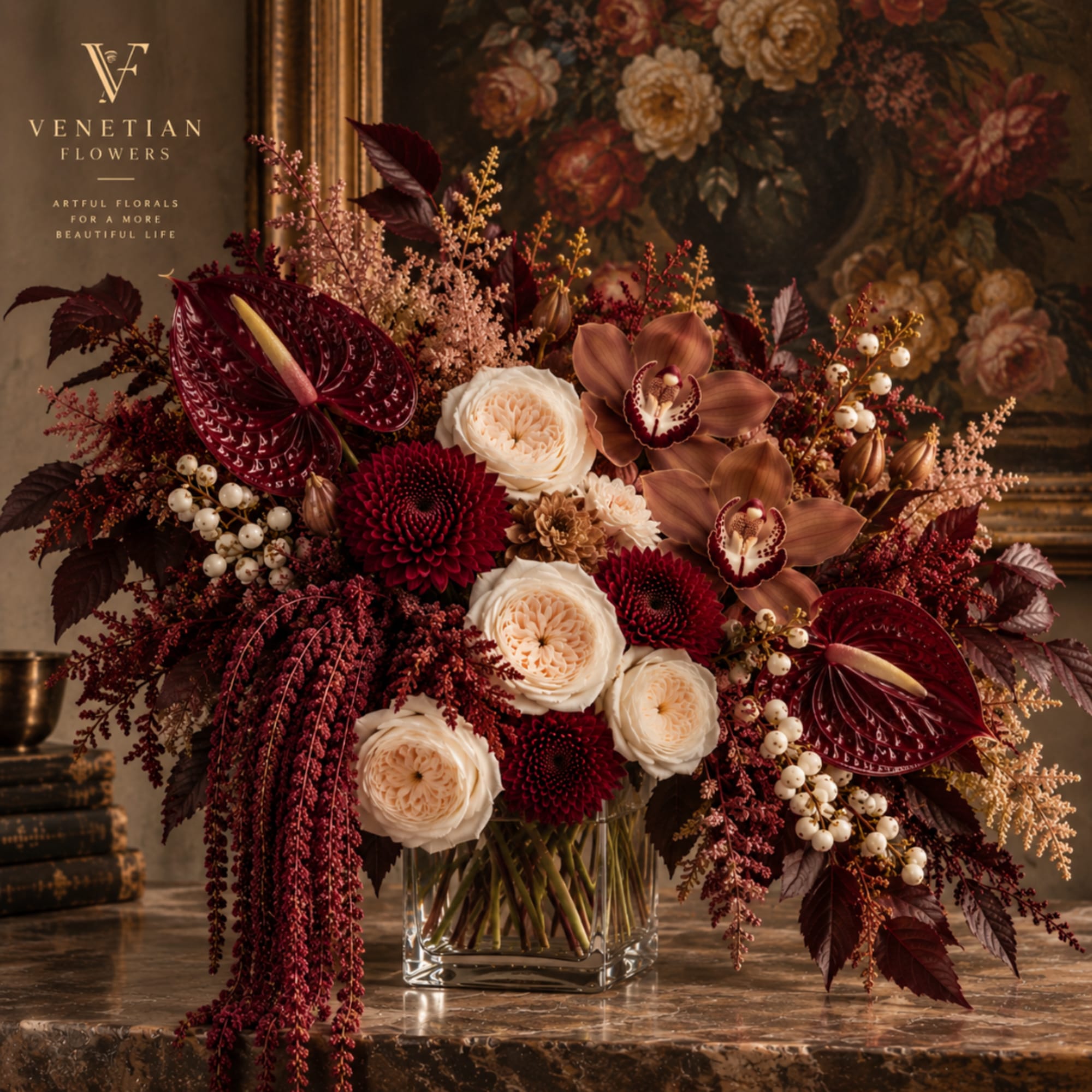 Deep burgundy and cream floral arrangement in a clear square vase