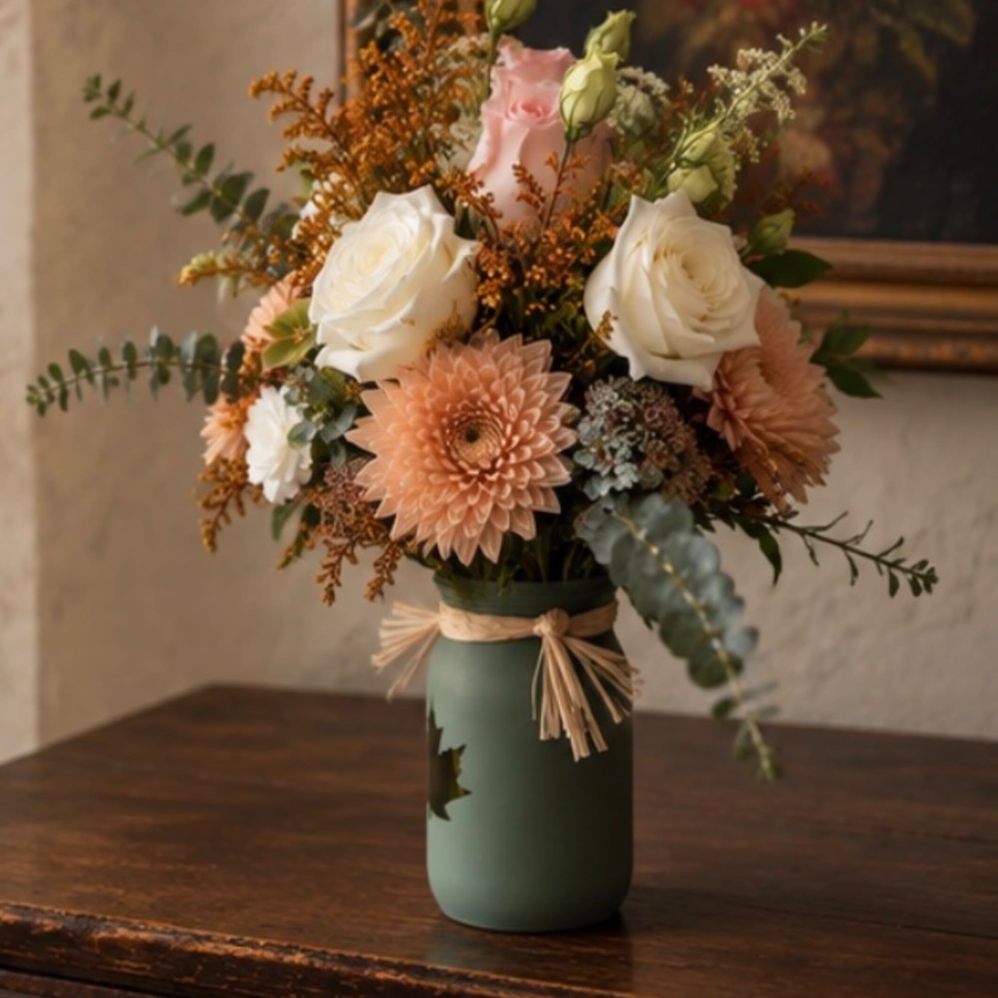 Bouquet of white roses and peach dahlias in a green vase