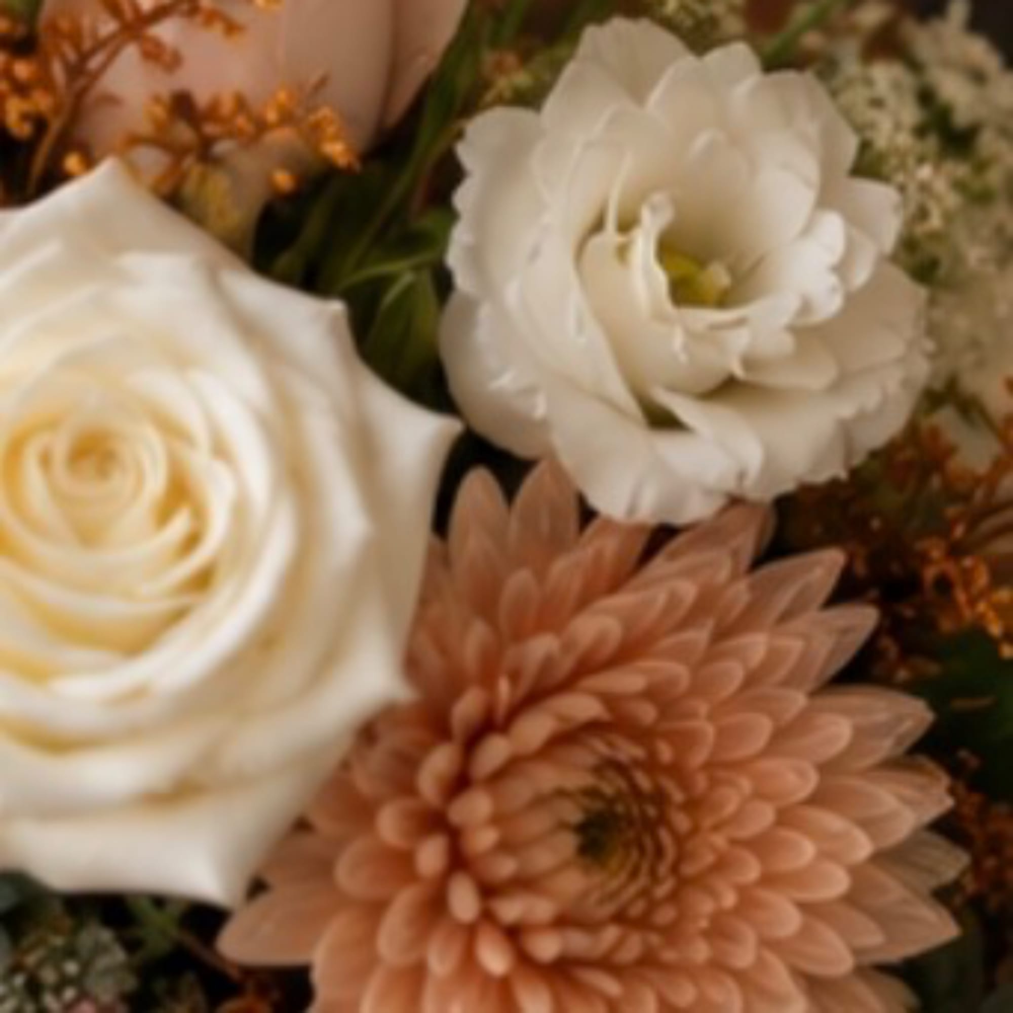 Close-up of white roses and a peach chrysanthemum in a floral arrangement