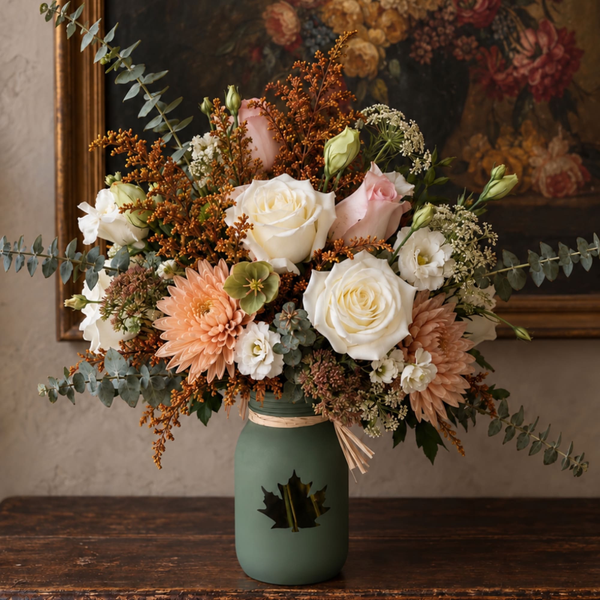 Mixed bouquet of white and blush flowers in a green vase