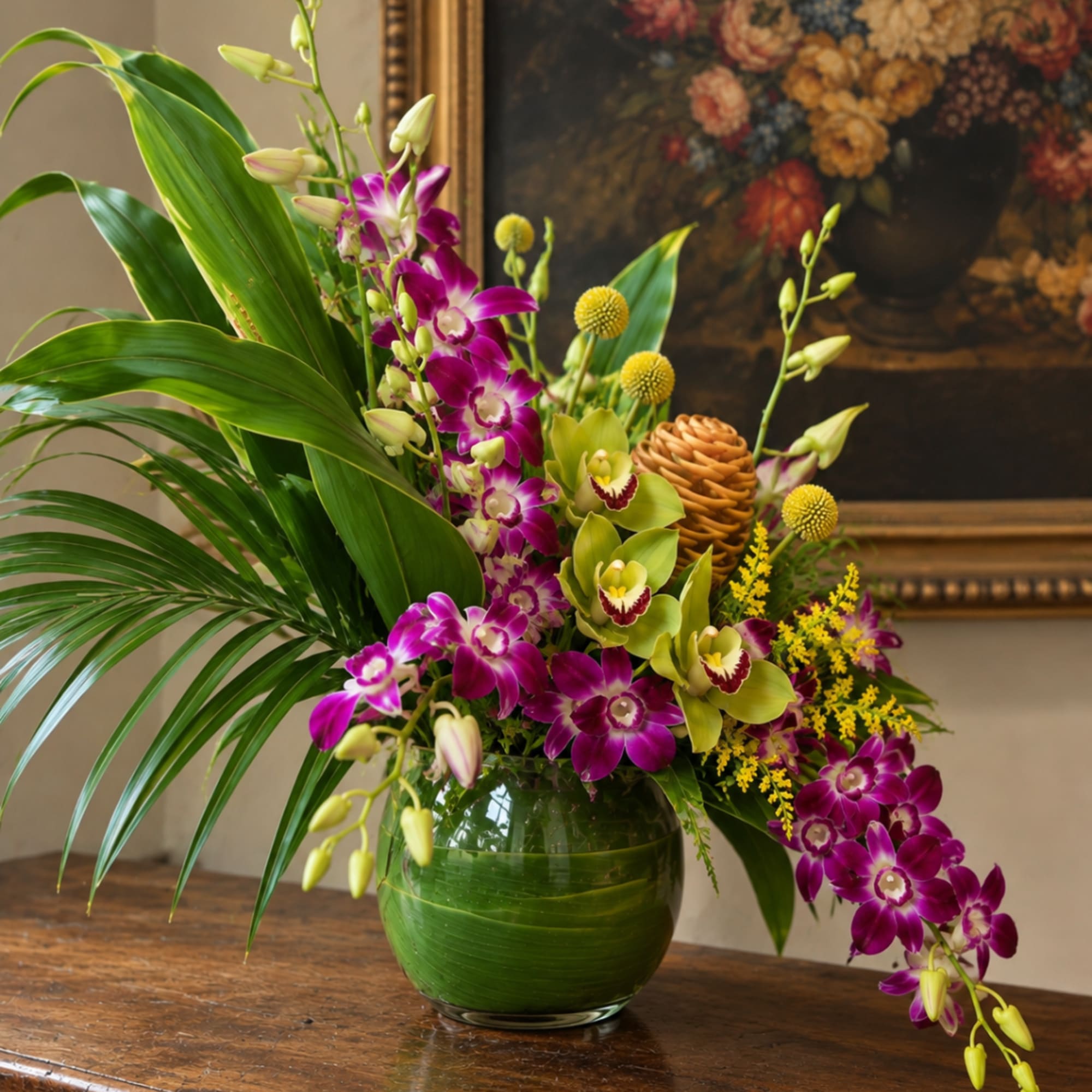 Purple orchids and yellow blooms in a green glass vase