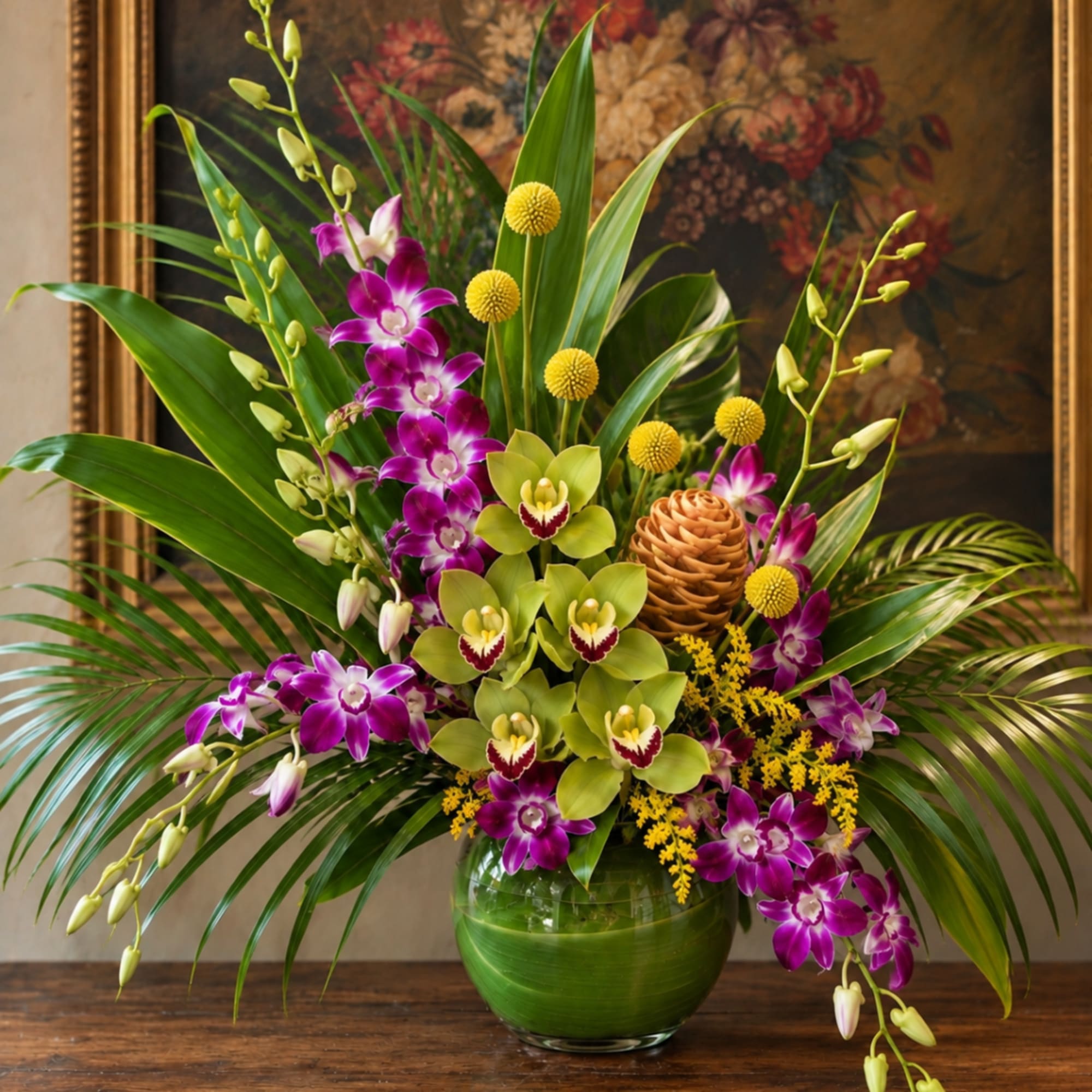 Tropical orchid arrangement in a green glass vase with purple and green blooms