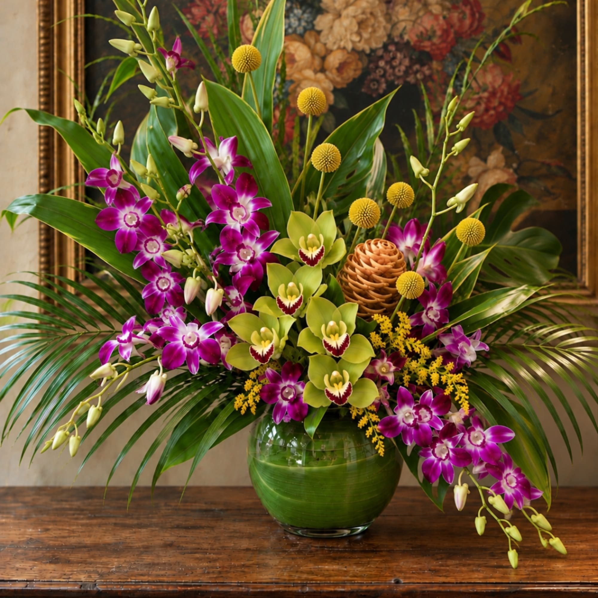 Purple orchids and green orchids arranged in a glass vase with tropical foliage