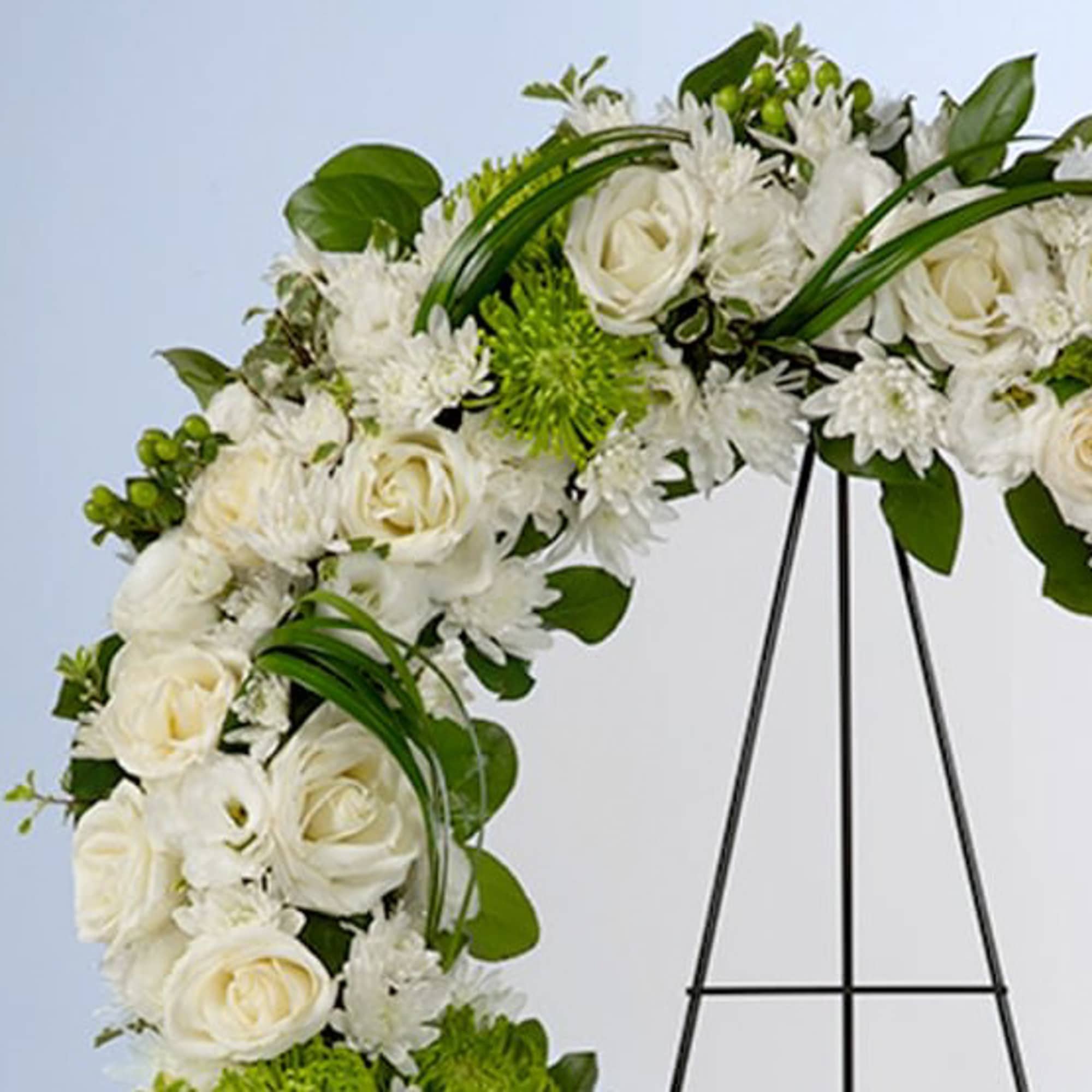A beautiful white and green tribute wreath that calms, this easel arrangement, photo 2 of 2