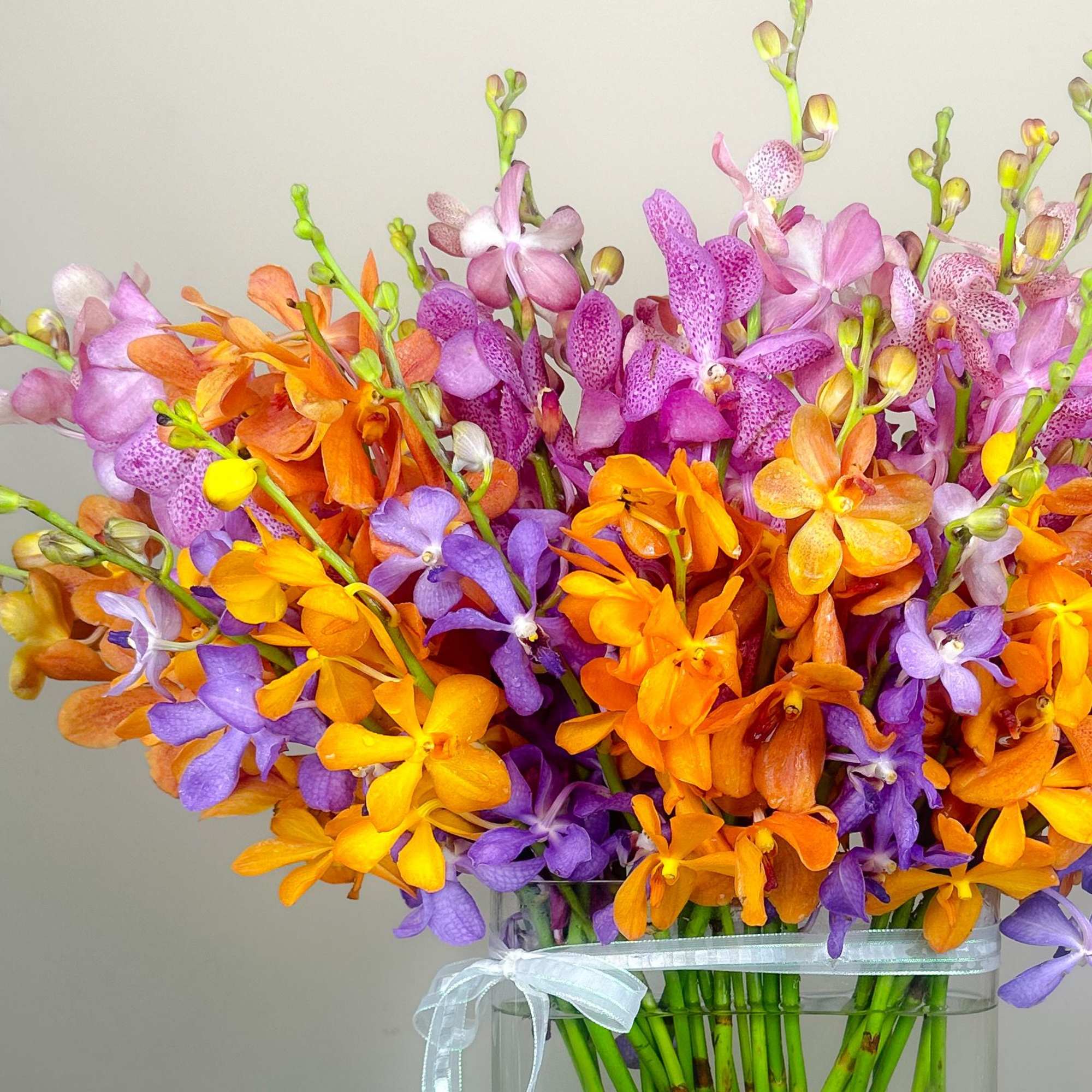 Bouquet of orange, purple, and pink orchids in a clear vase