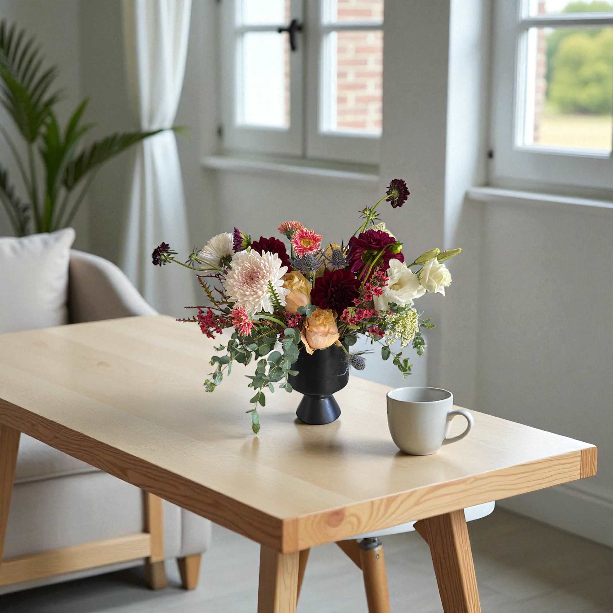 Mixed bouquet in a black vase on a wooden table beside a mug