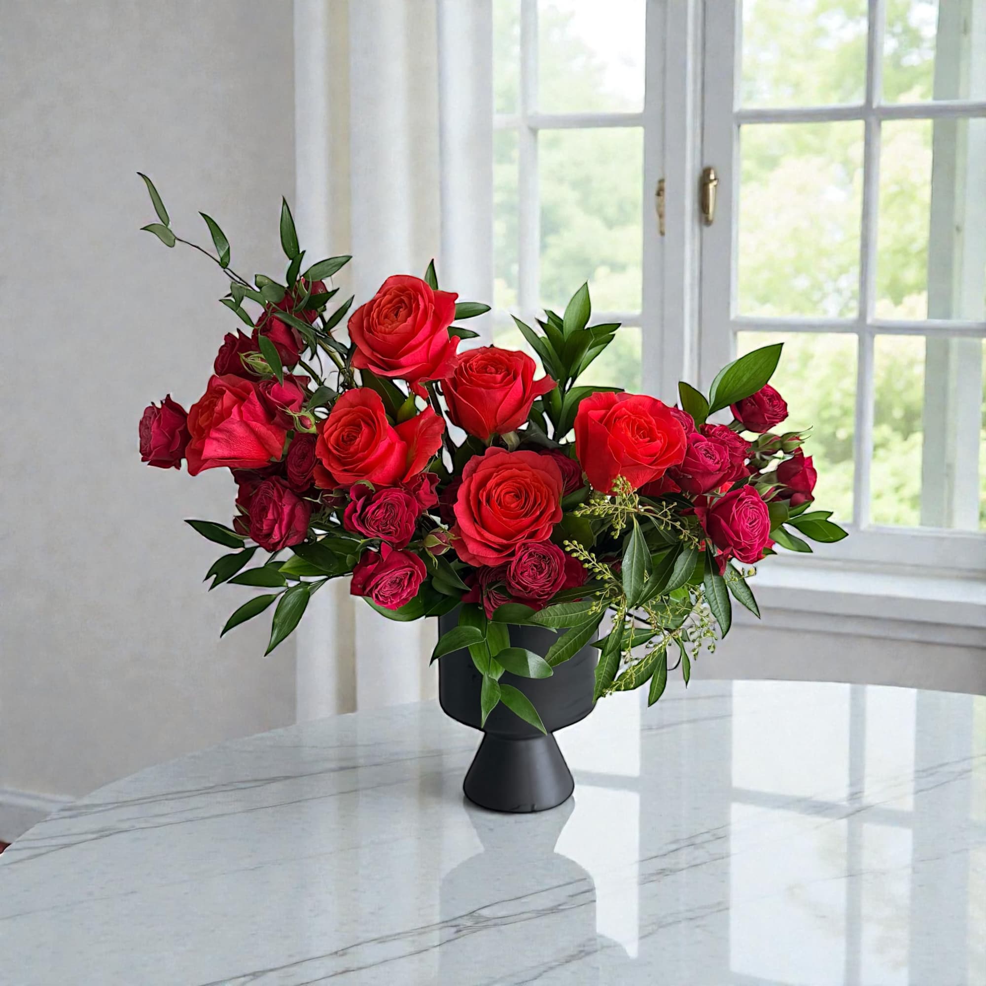 Red rose arrangement in a black pedestal vase