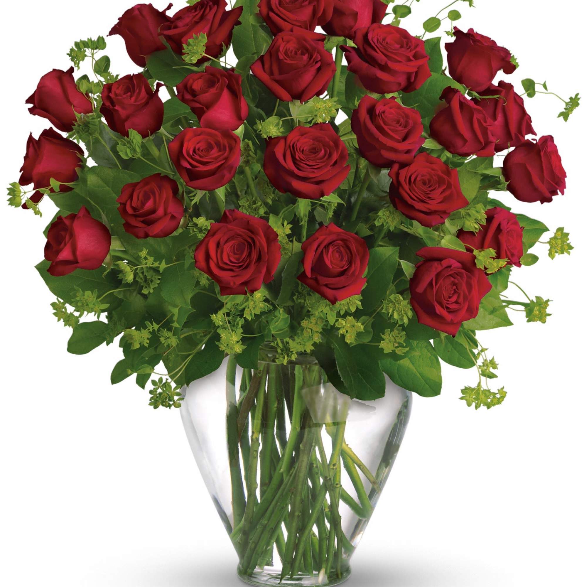 Bouquet of red roses in a clear glass vase