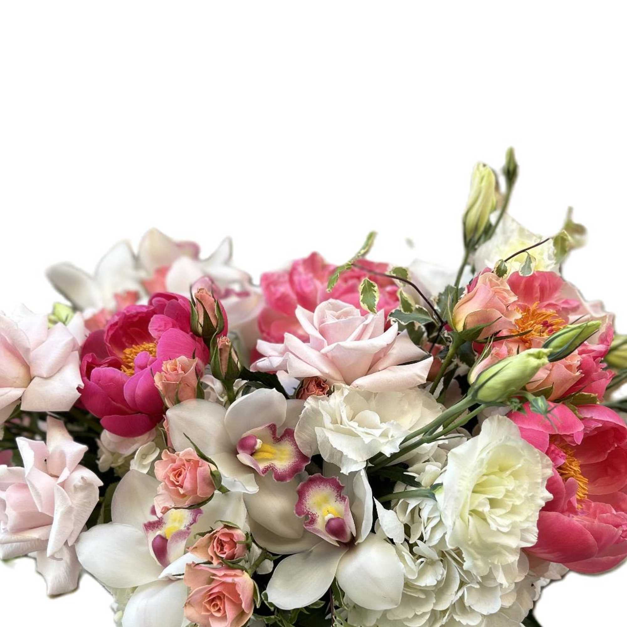 Bouquet of pink, white, and peach flowers with orchids and roses