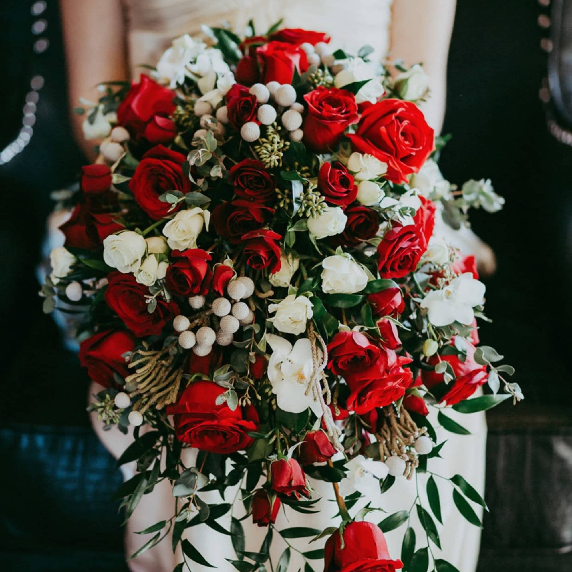 Bride holding a cascading bouquet of red and white roses, photo 4 of 4