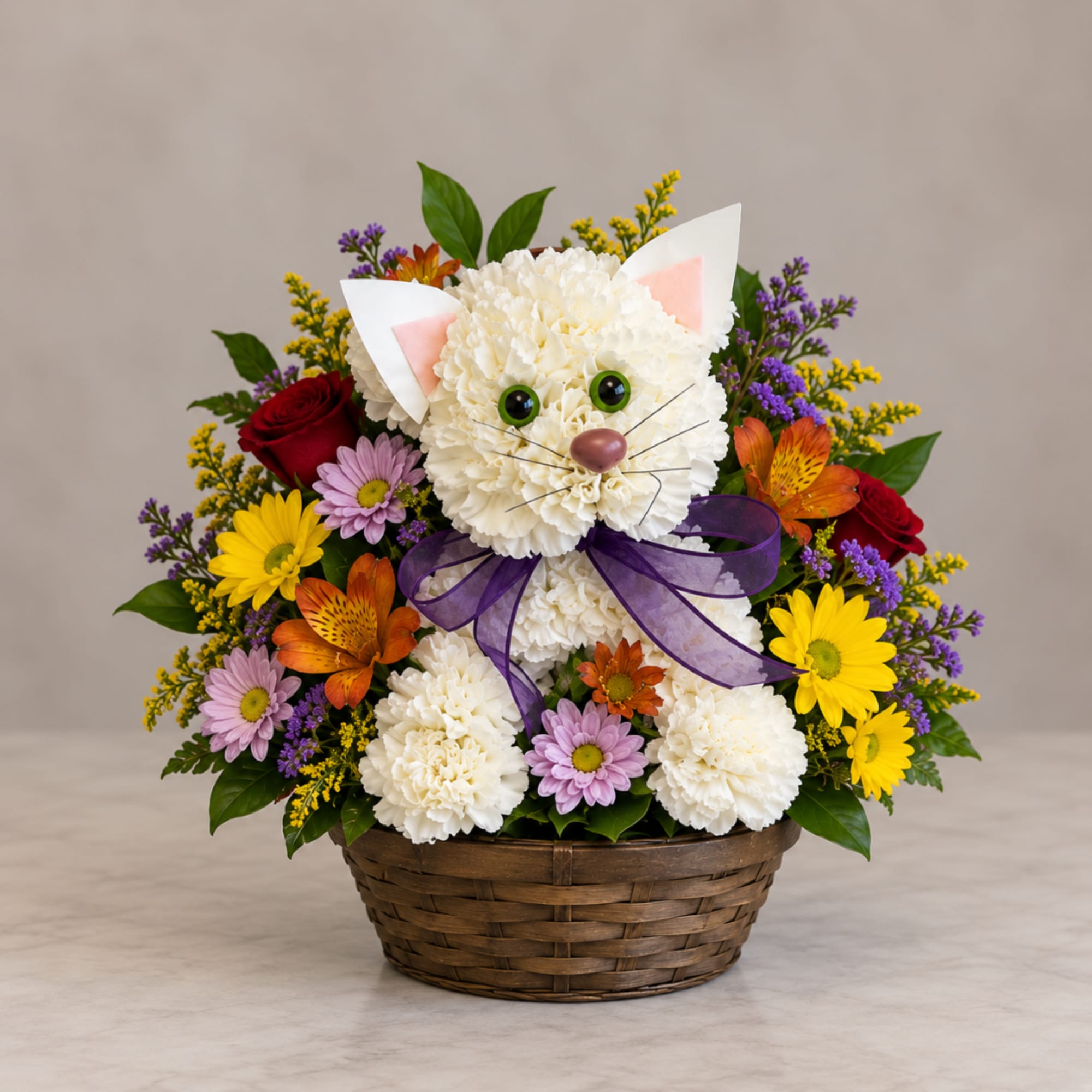 Cat-shaped flower basket with white carnations and colorful daisies