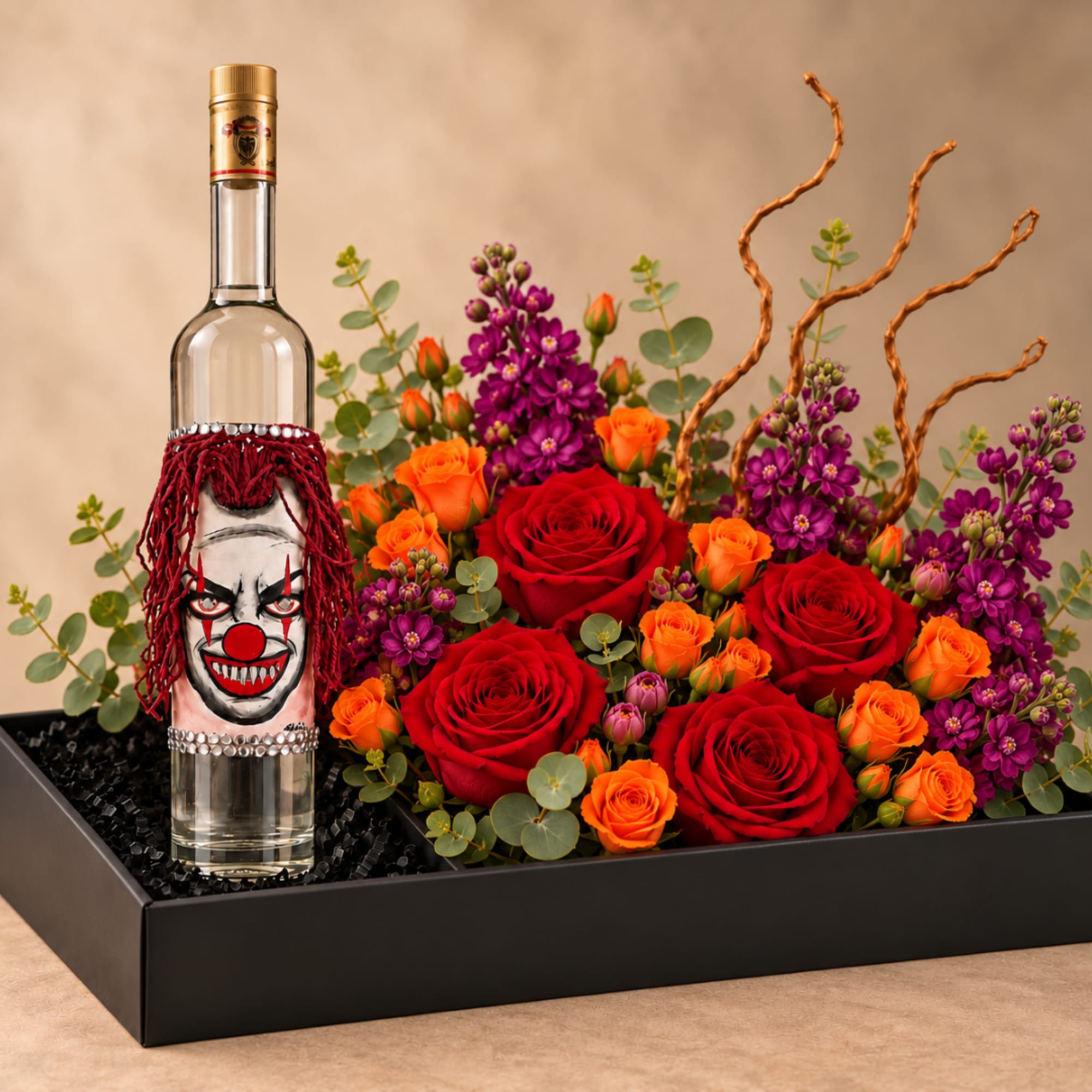 Red and orange roses arranged with purple flowers beside a decorated bottle