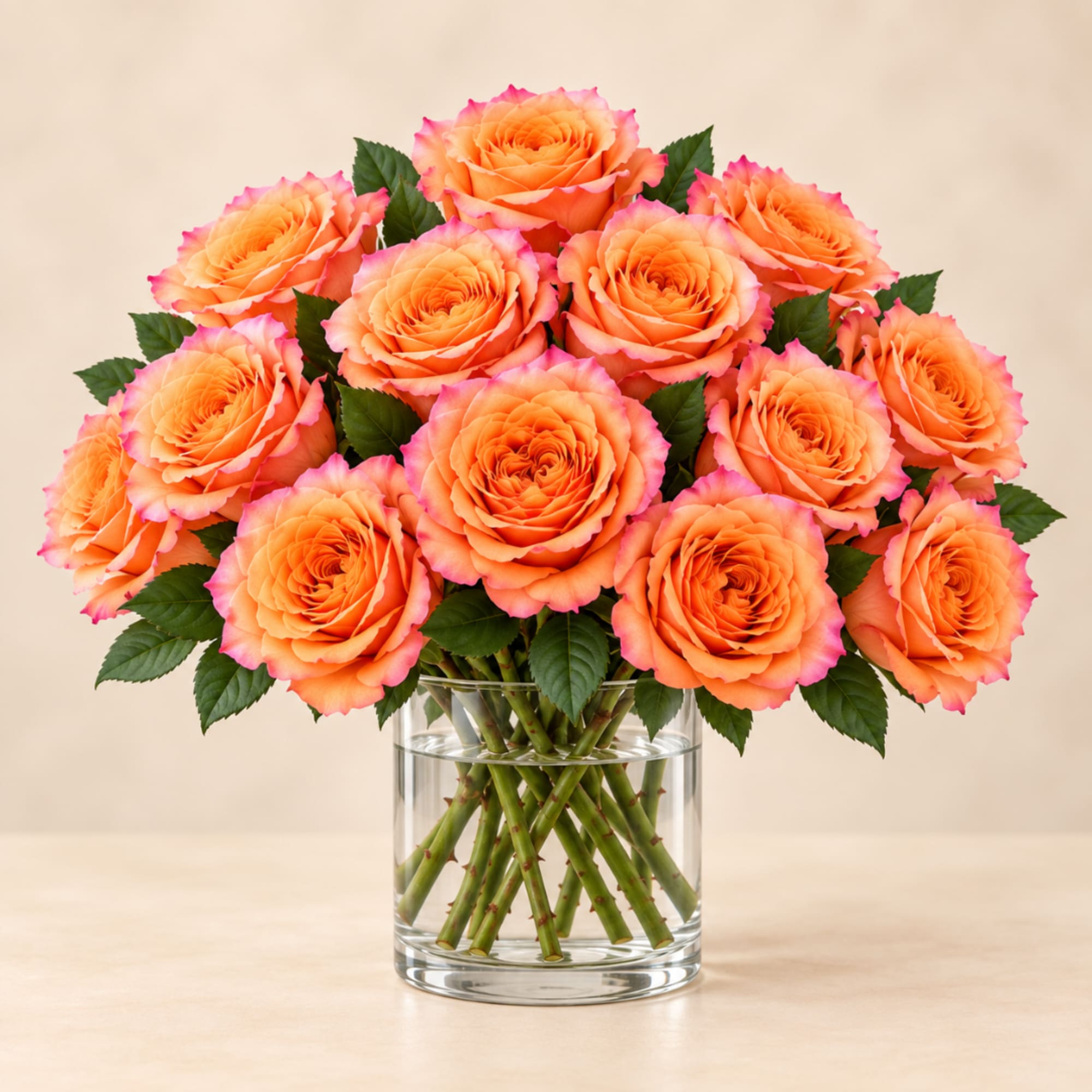 Orange roses with pink-edged petals in a clear glass vase
