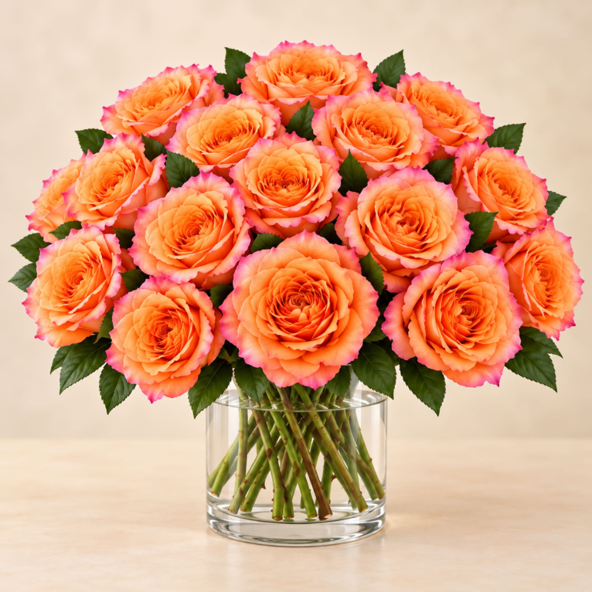 Orange roses with pink edges in a clear glass vase