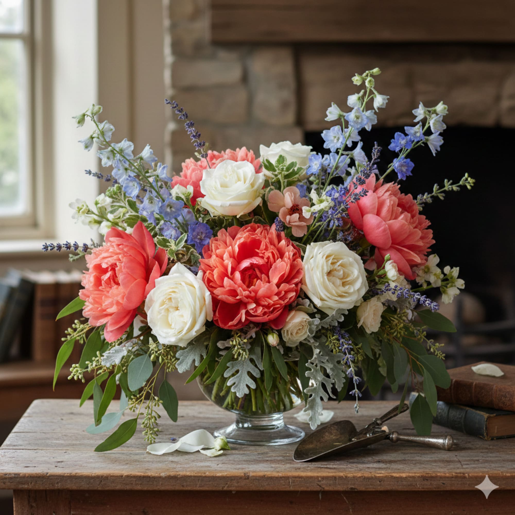 Coral and white flower arrangement in a clear glass vase