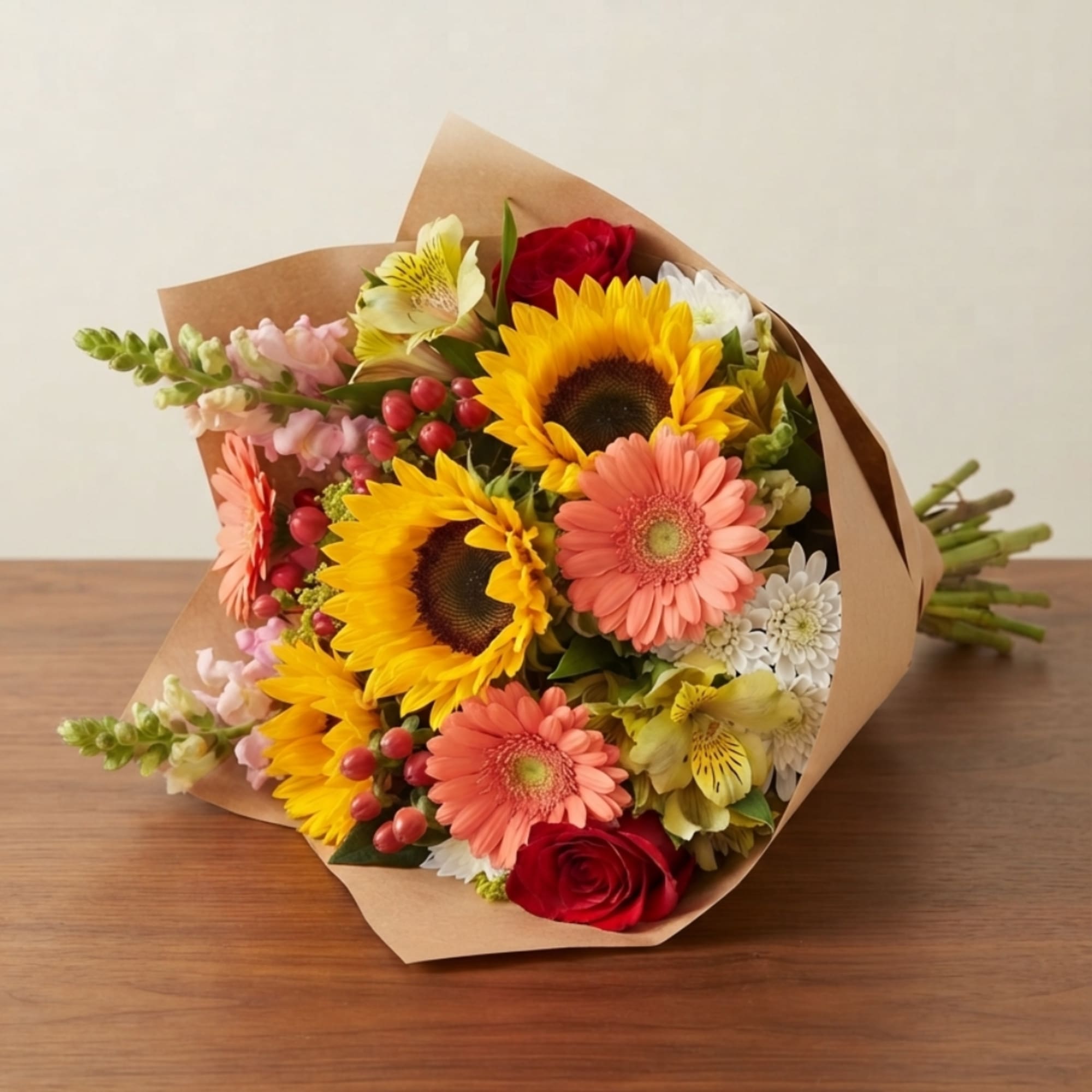 Bouquet of sunflowers, gerbera daisies, and roses wrapped in brown paper