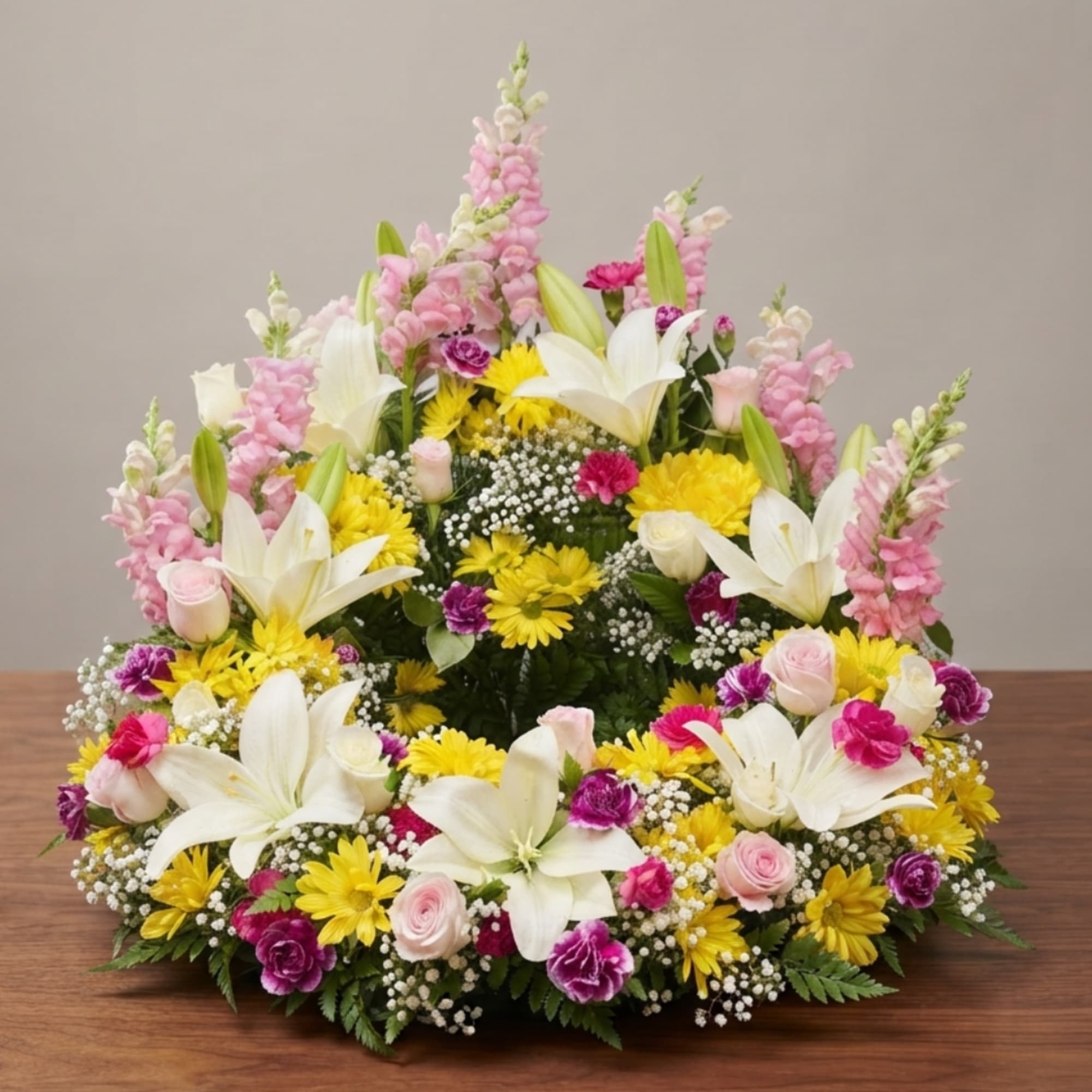 Tiered floral arrangement with white lilies, pink snapdragons, and yellow daisies