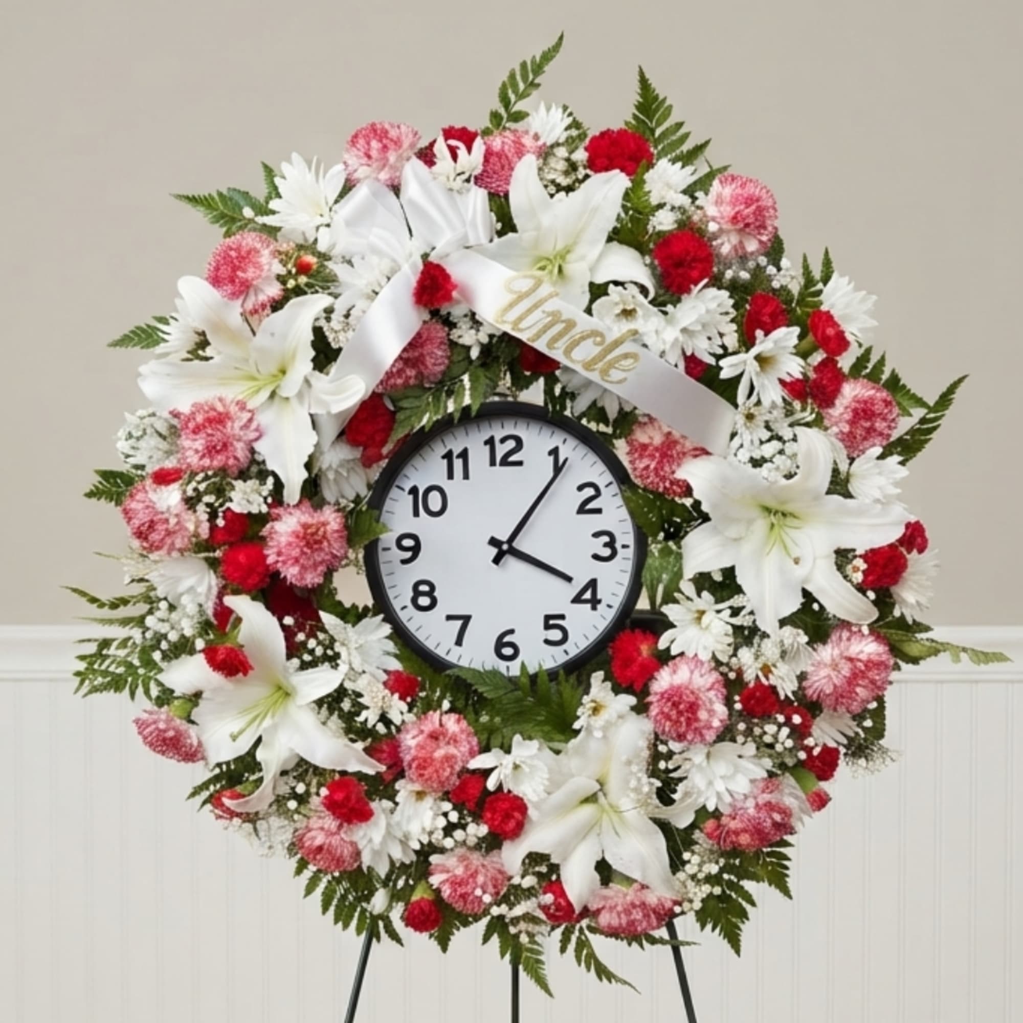 Floral wreath with white lilies, red and pink flowers, and a clock in the center