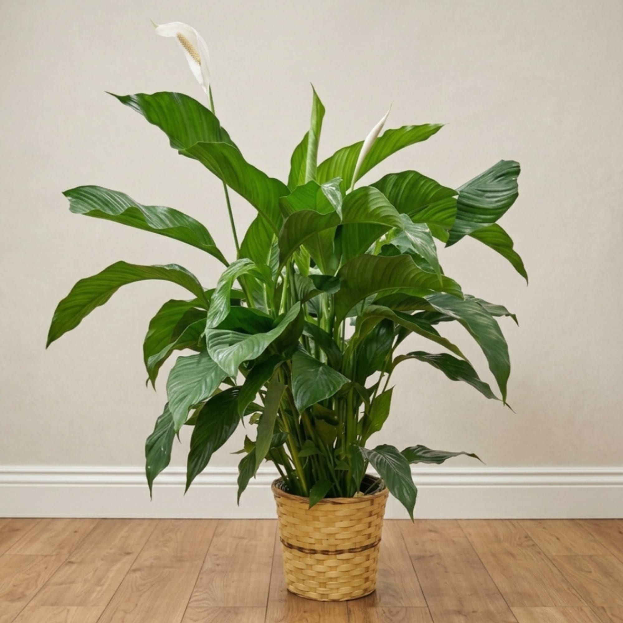 Potted peace lily plant in a woven basket planter