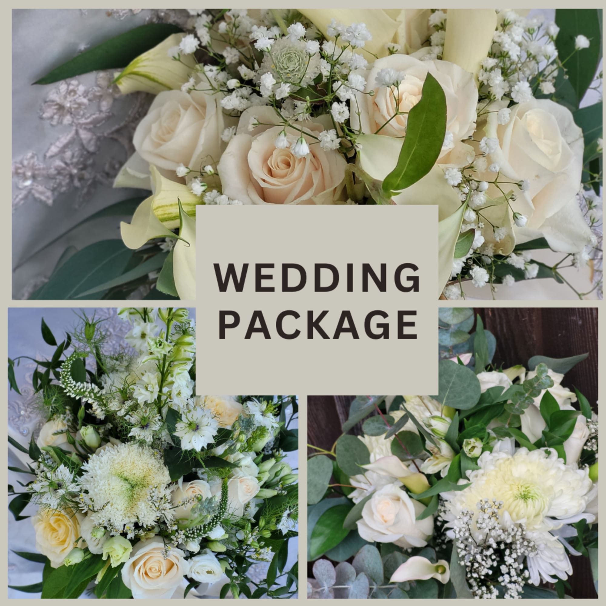 Wedding bouquet collage with white and cream roses and mixed white flowers