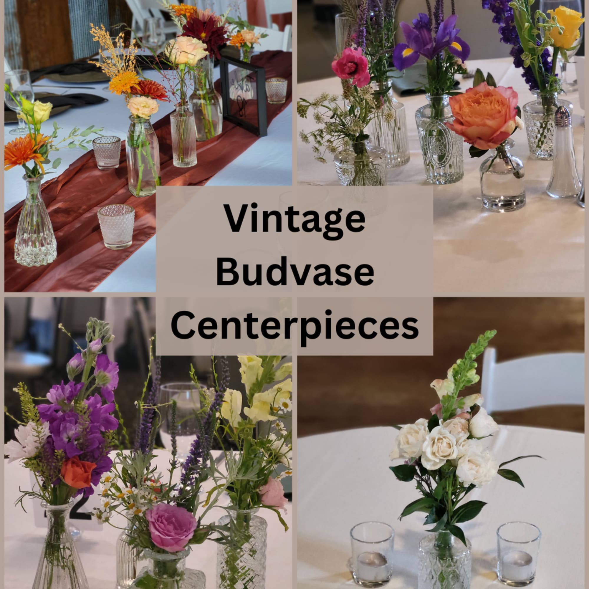 Vintage bud vase centerpieces with mixed flowers in glass bottles
