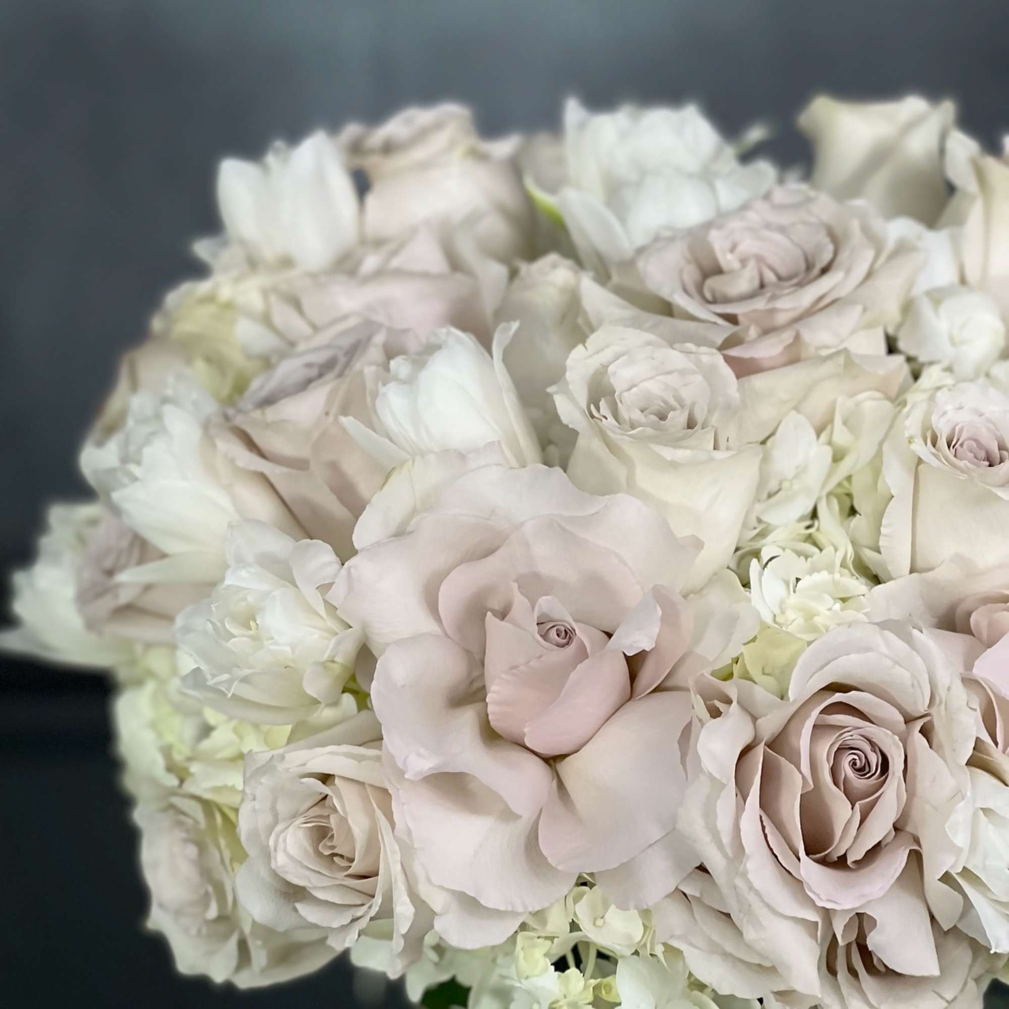Tight arrangement of ivory and blush roses with white blooms in a rounded cluster