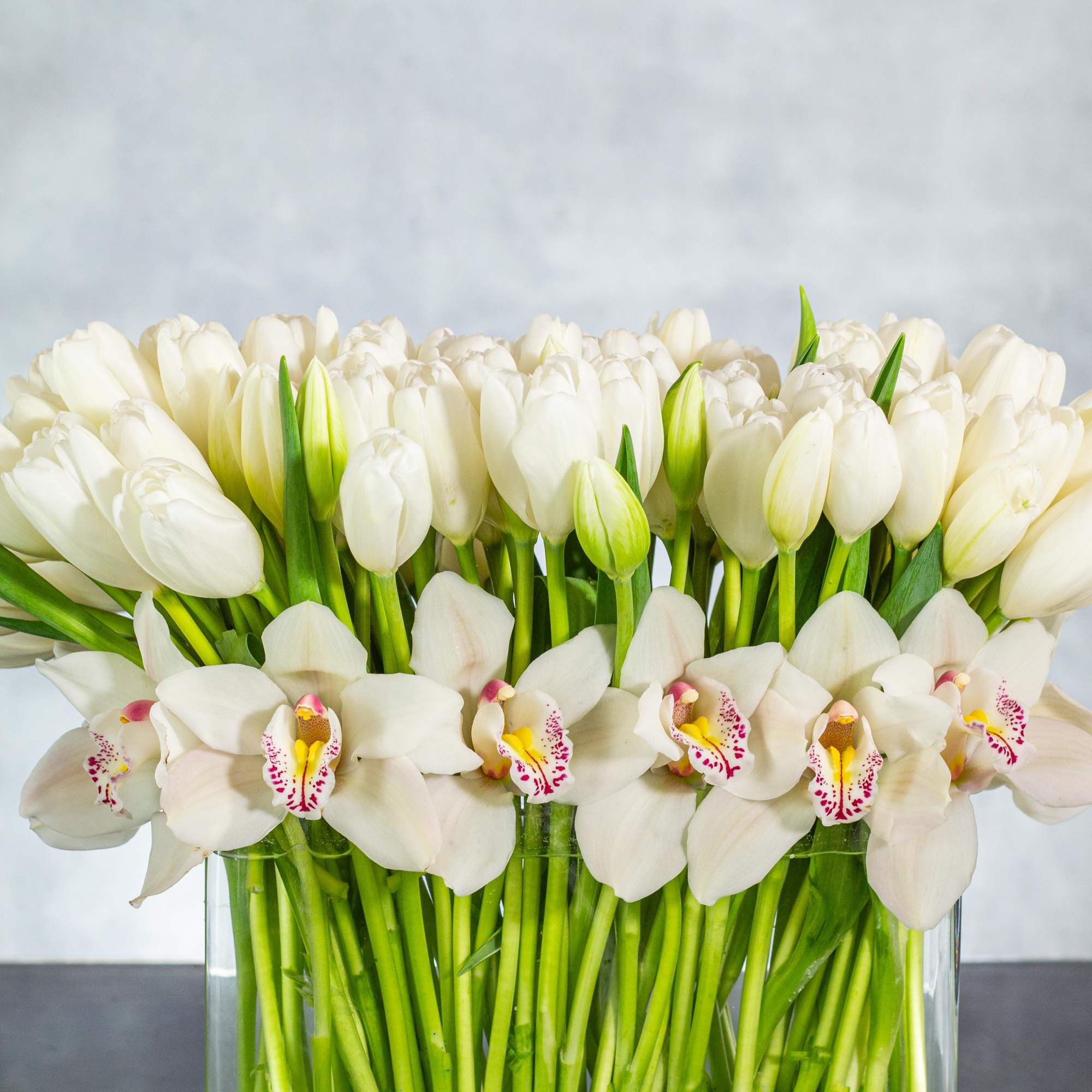 Low clear vase filled with white tulips and white orchids in a dense modern arrangement