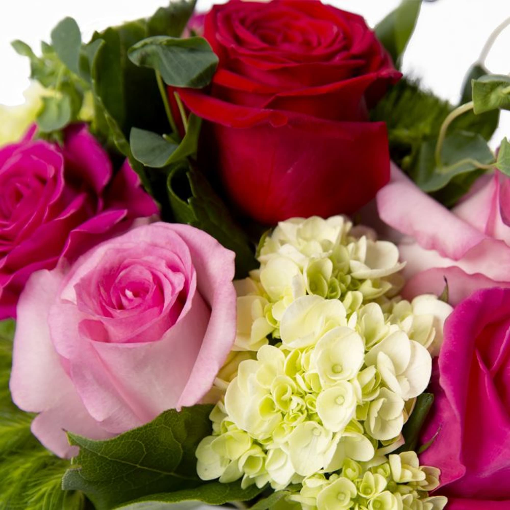 Close-up of a bouquet with red and pink roses and pale green hydrangeas