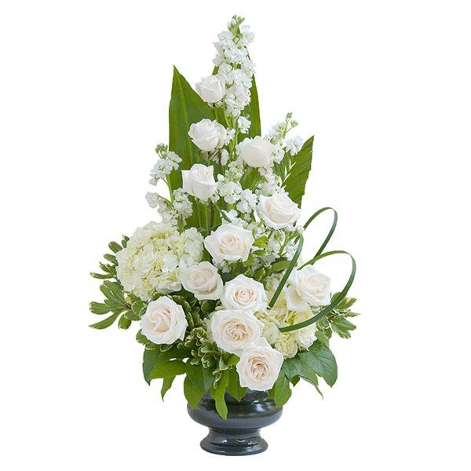 Tall arrangement of white roses and other white flowers in a dark pedestal vase with structured greenery