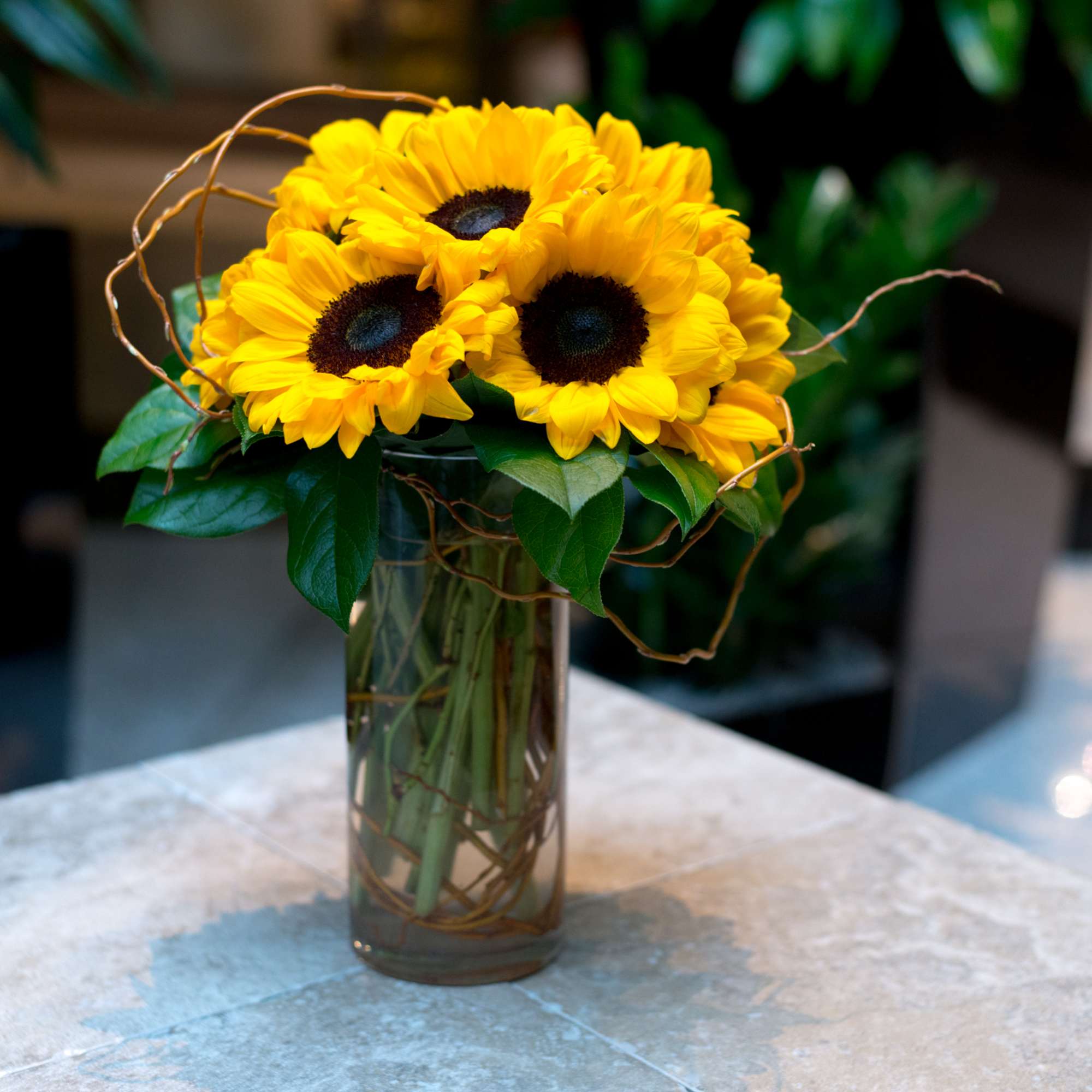 Sunflower bouquet in a tall glass vase