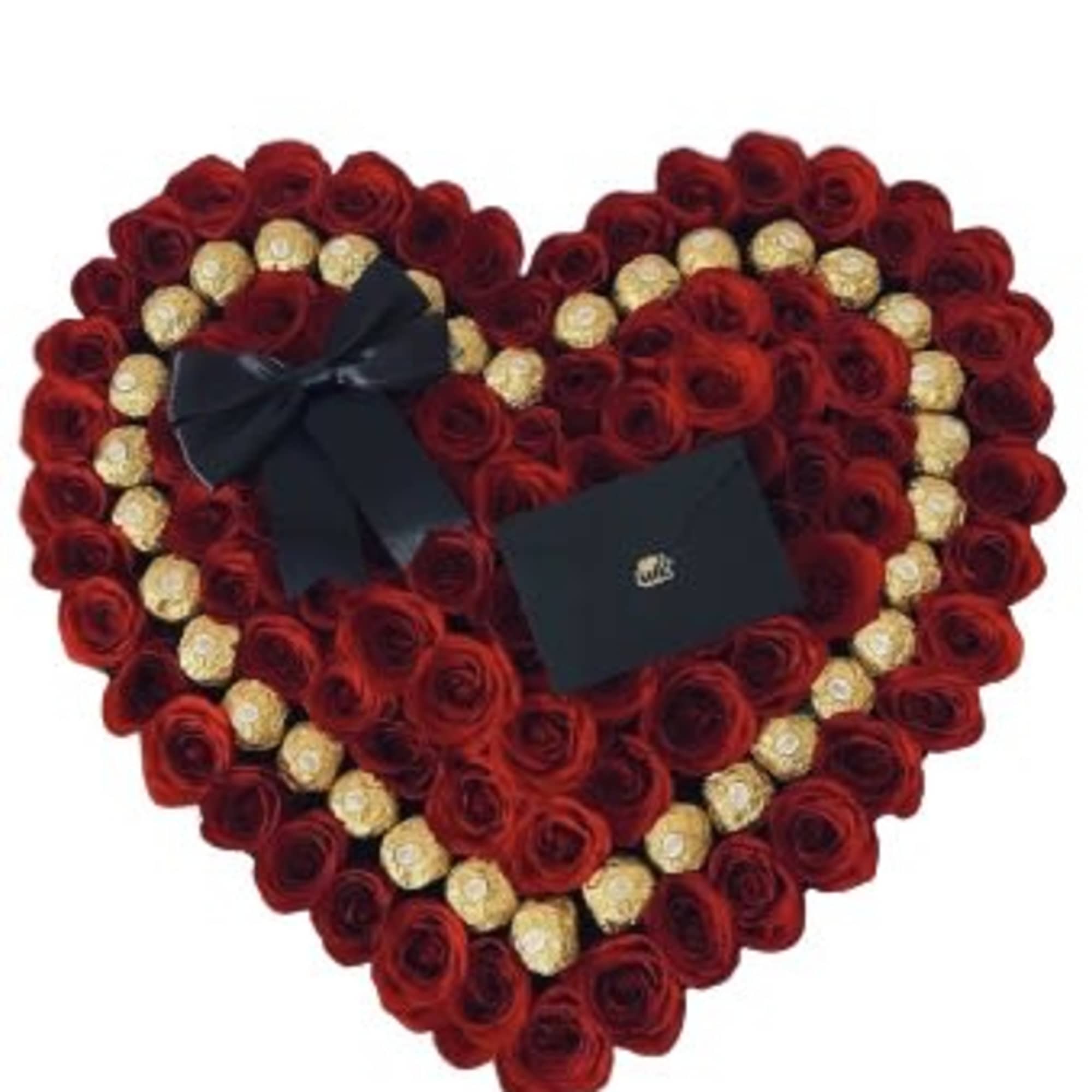 Heart-shaped rose arrangement with gold chocolates and a black ribbon