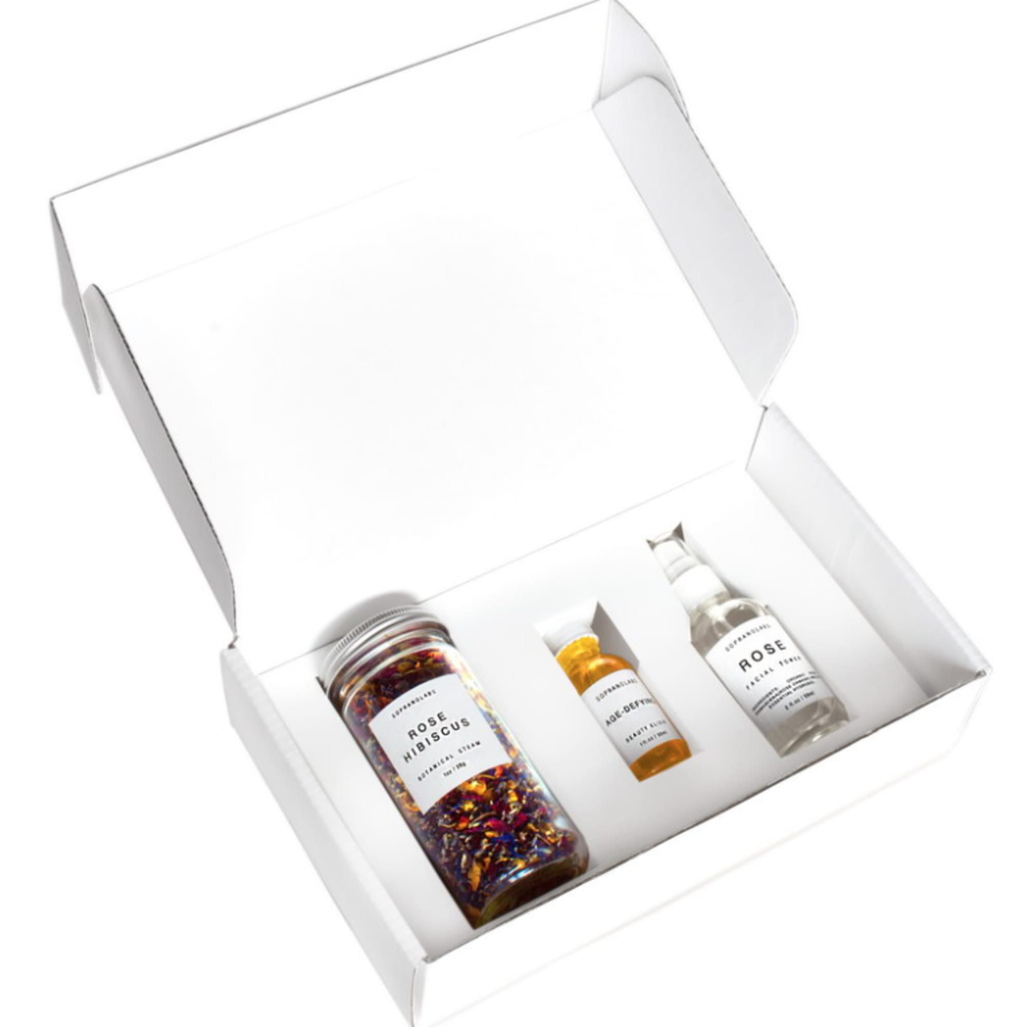 Gift box with three rose-scented bath and body products