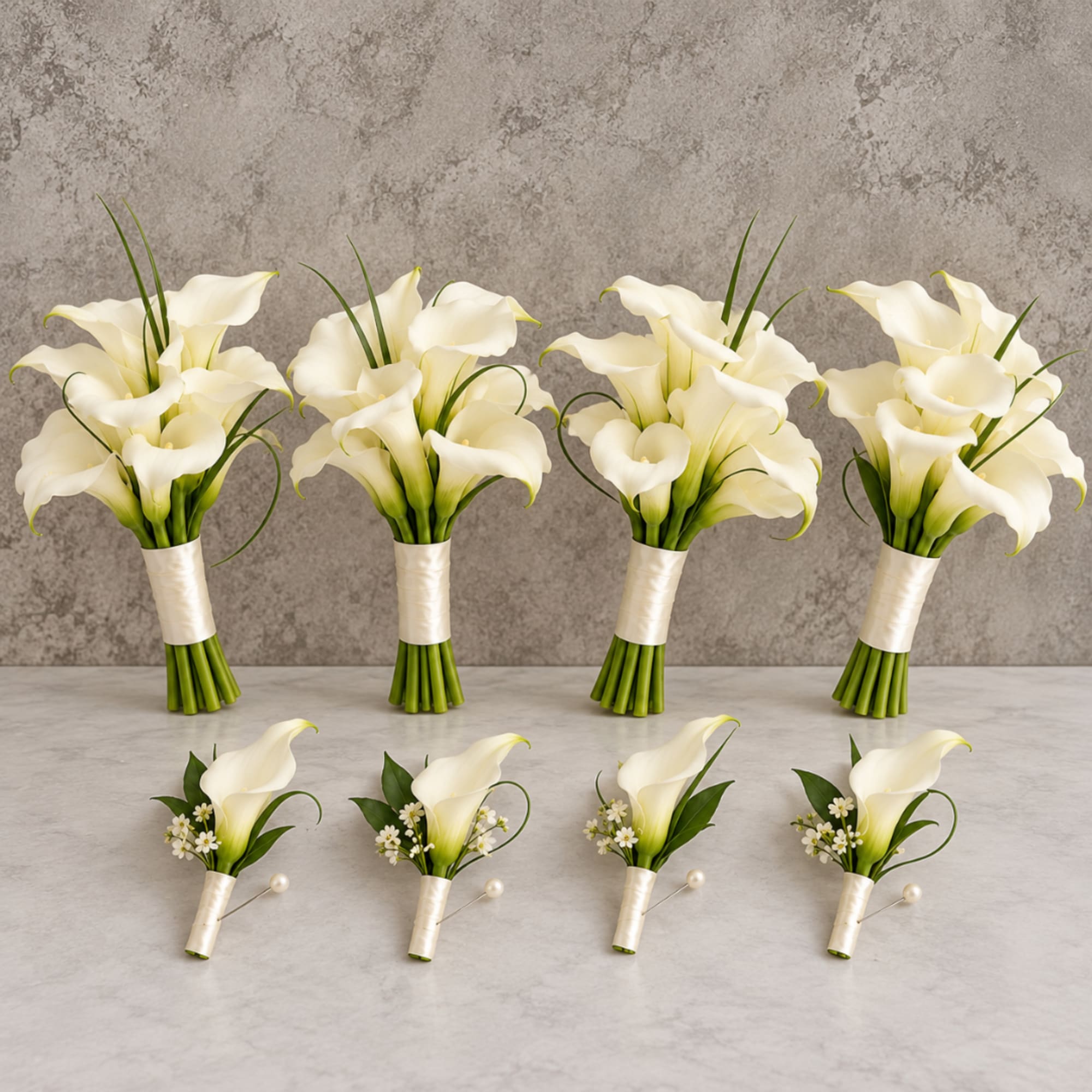 White calla lily wedding bouquets with ribbon wraps and pearl pins