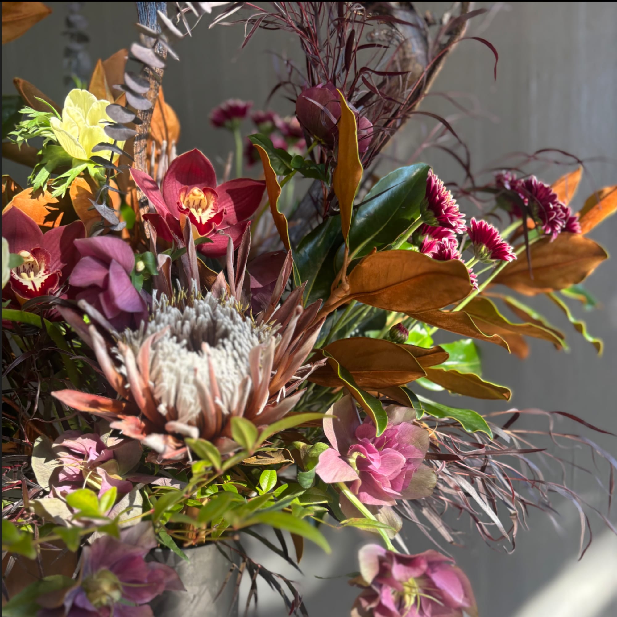 Mixed bouquet with burgundy orchids, pink blooms, and a large protea in a vase