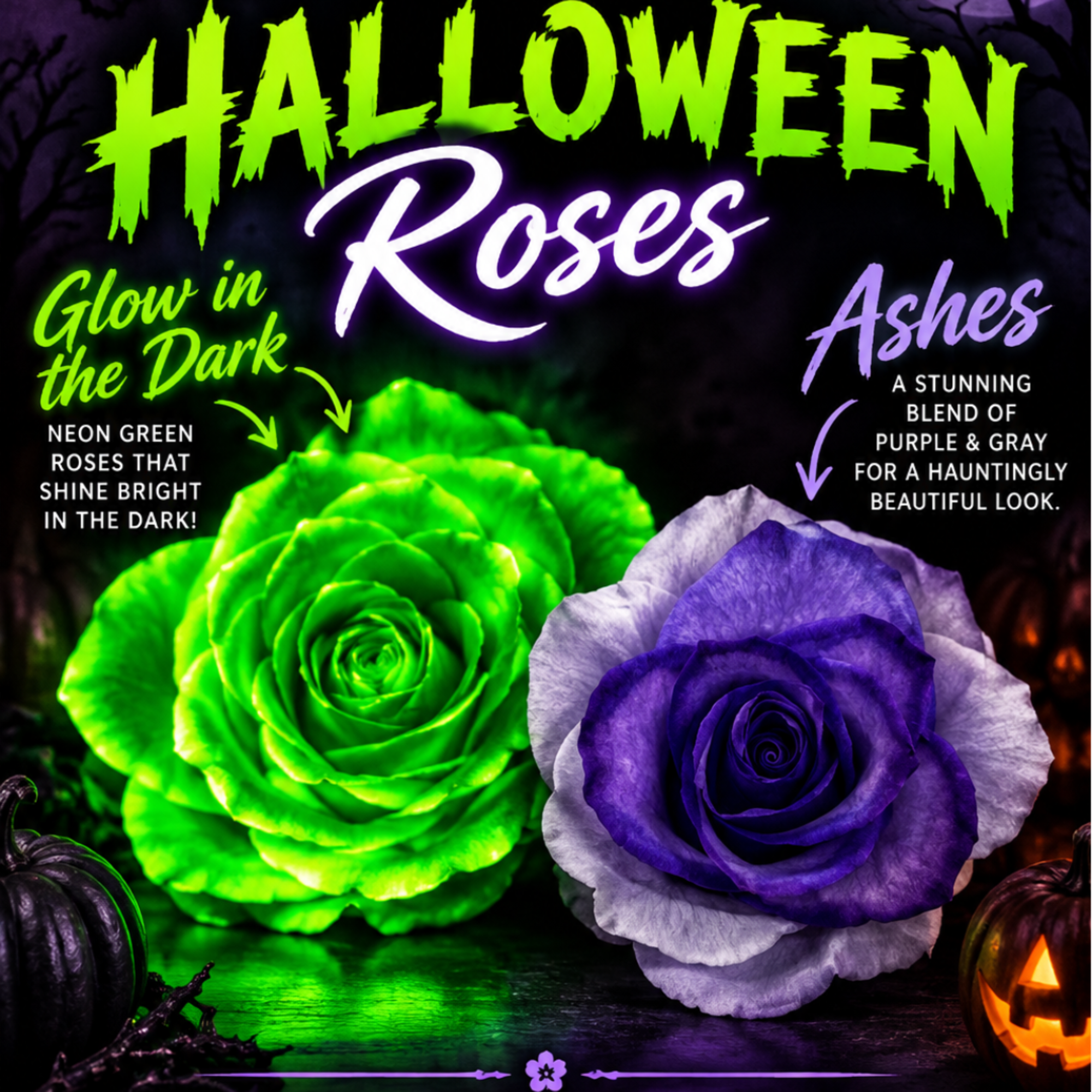 Halloween-themed roses in neon green and purple with pumpkins