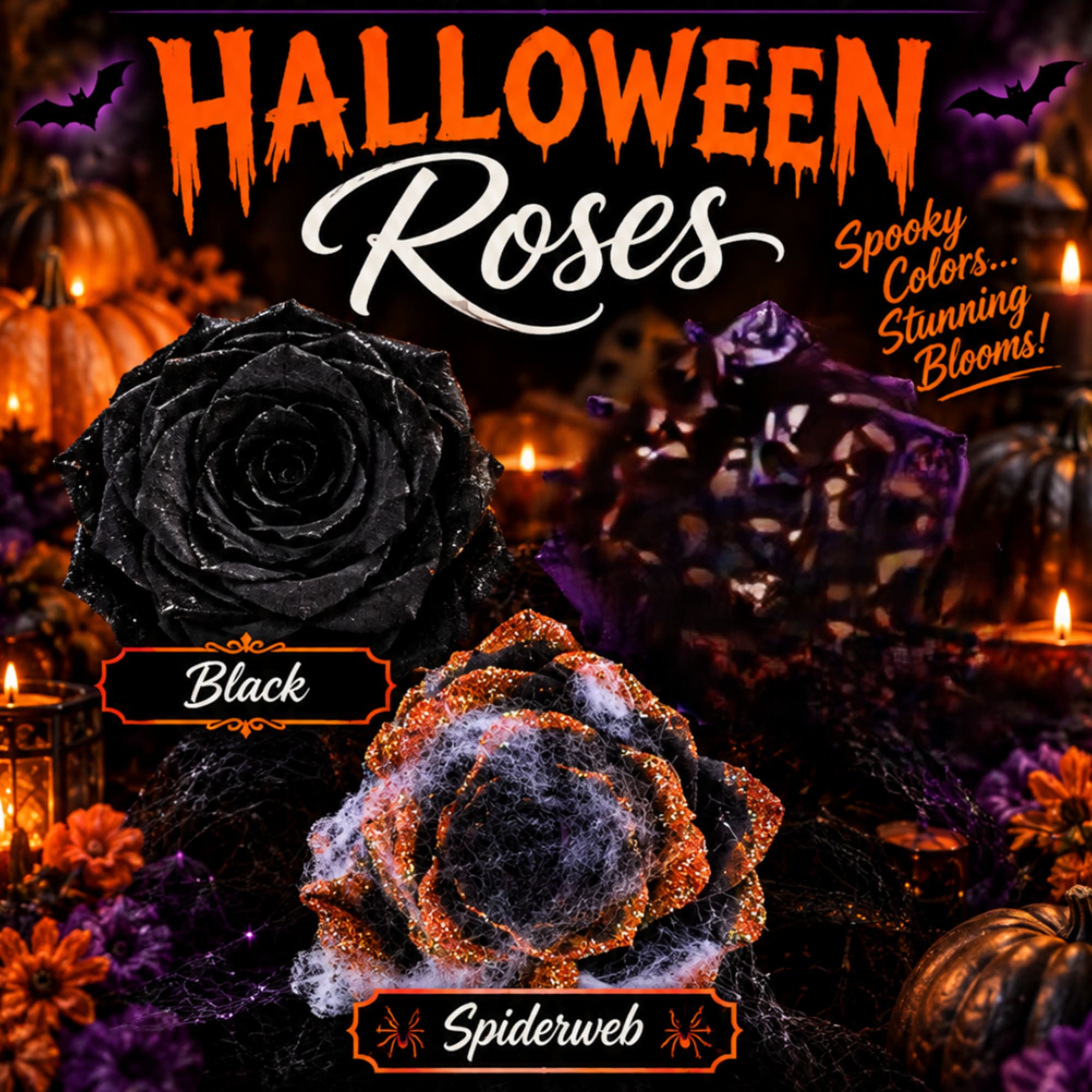 Halloween-themed roses in black and purple with spiderweb accents and pumpkins