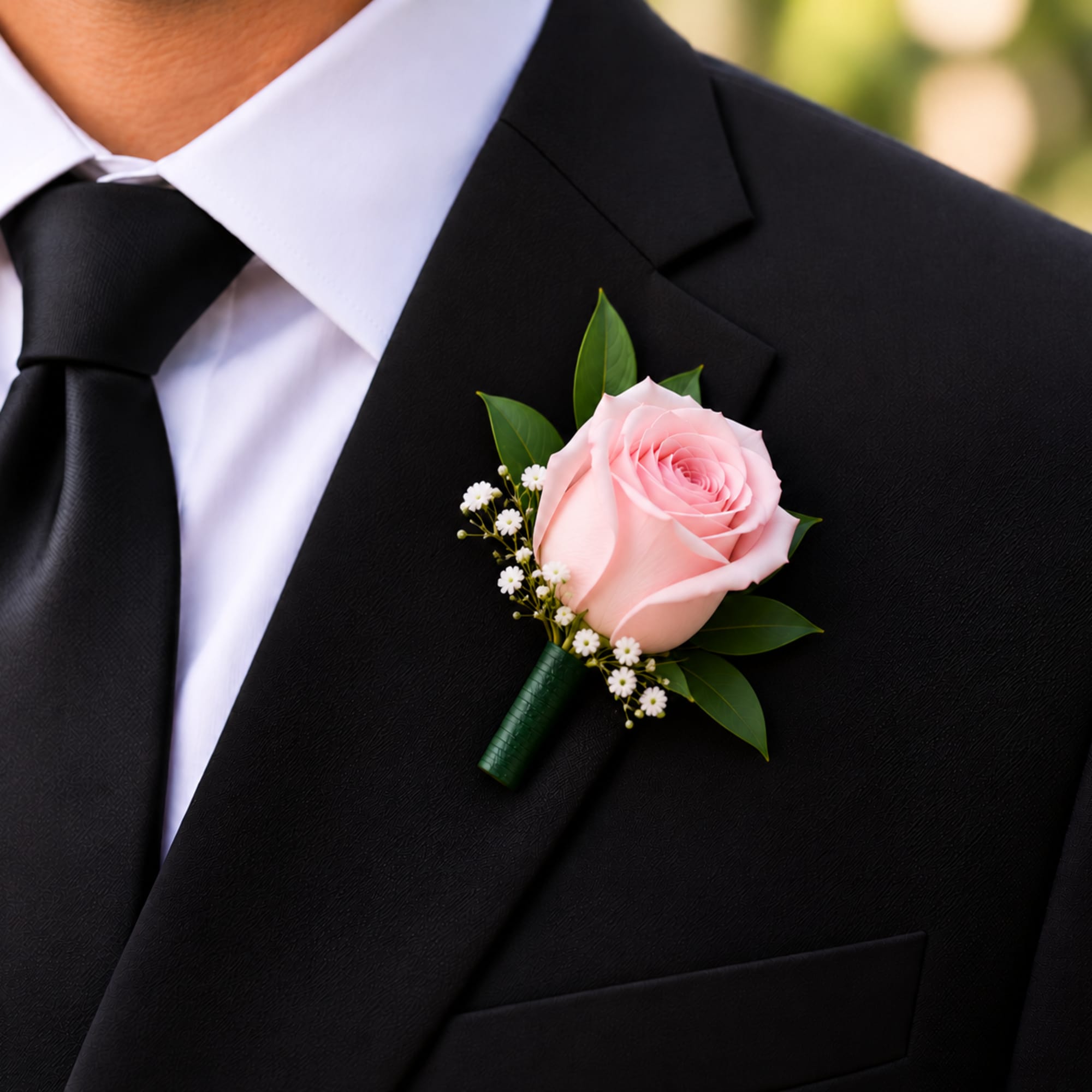 Pink rose boutonniere pinned to a black suit jacket