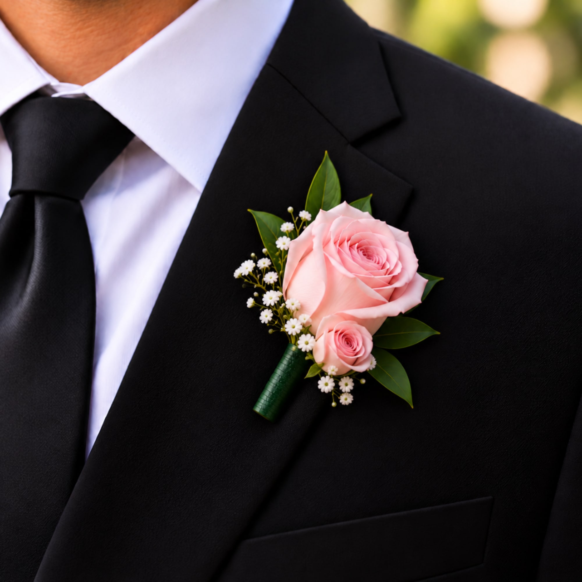 Pink rose boutonniere pinned to a black suit jacket