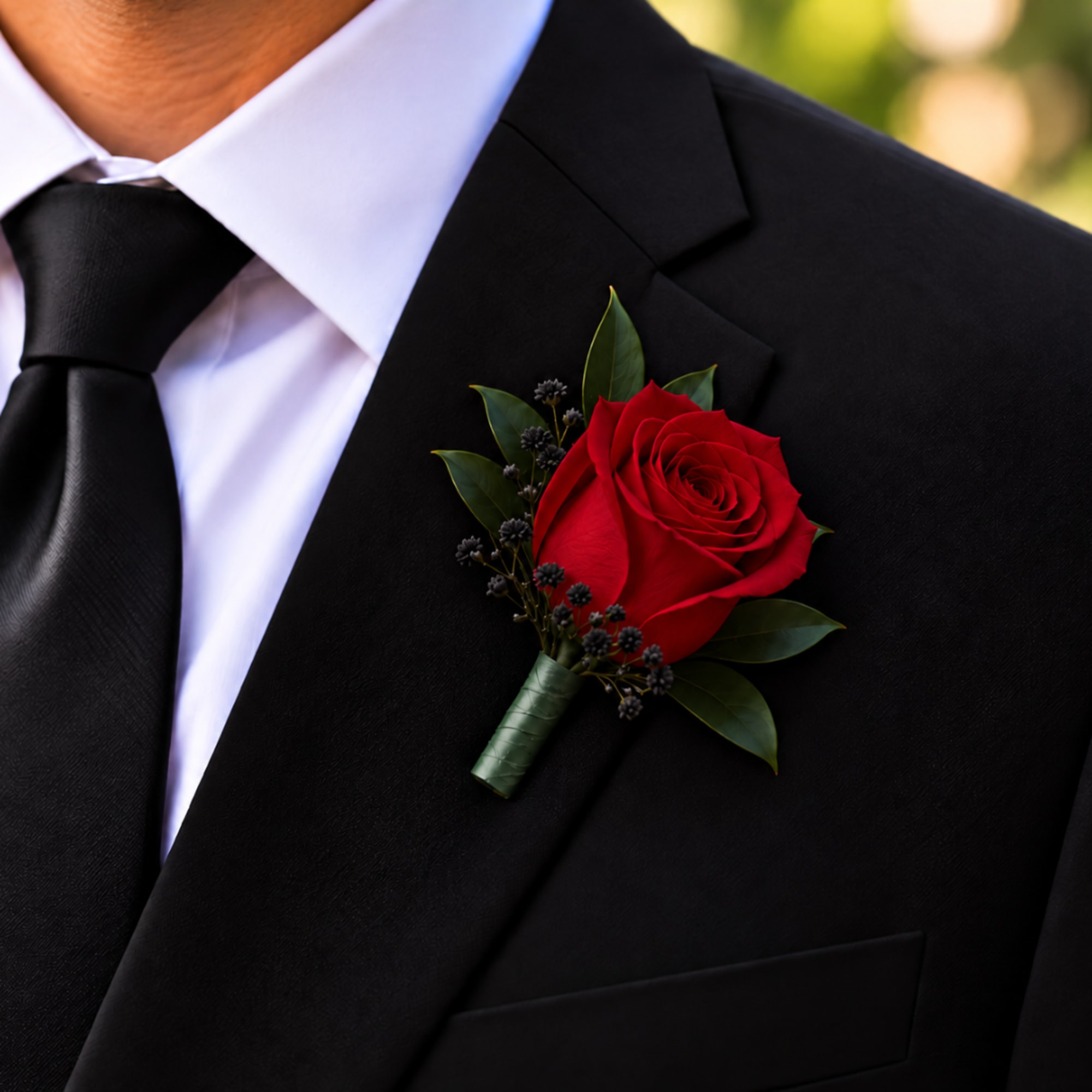 Red rose boutonniere pinned to a black suit jacket