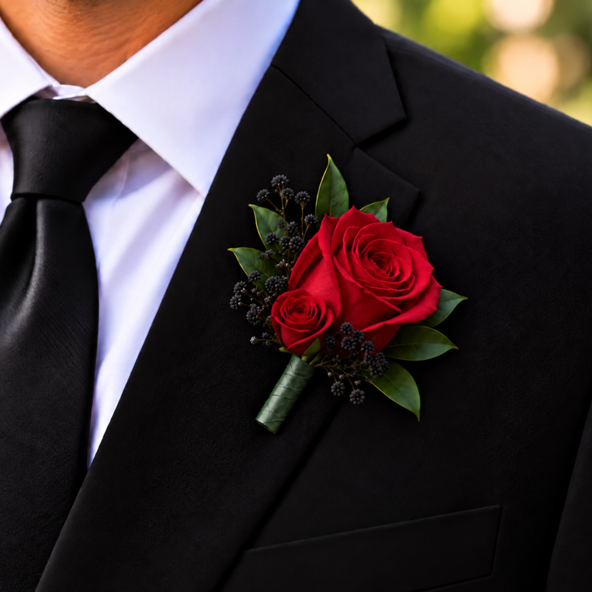 Red rose boutonniere pinned to a black suit jacket