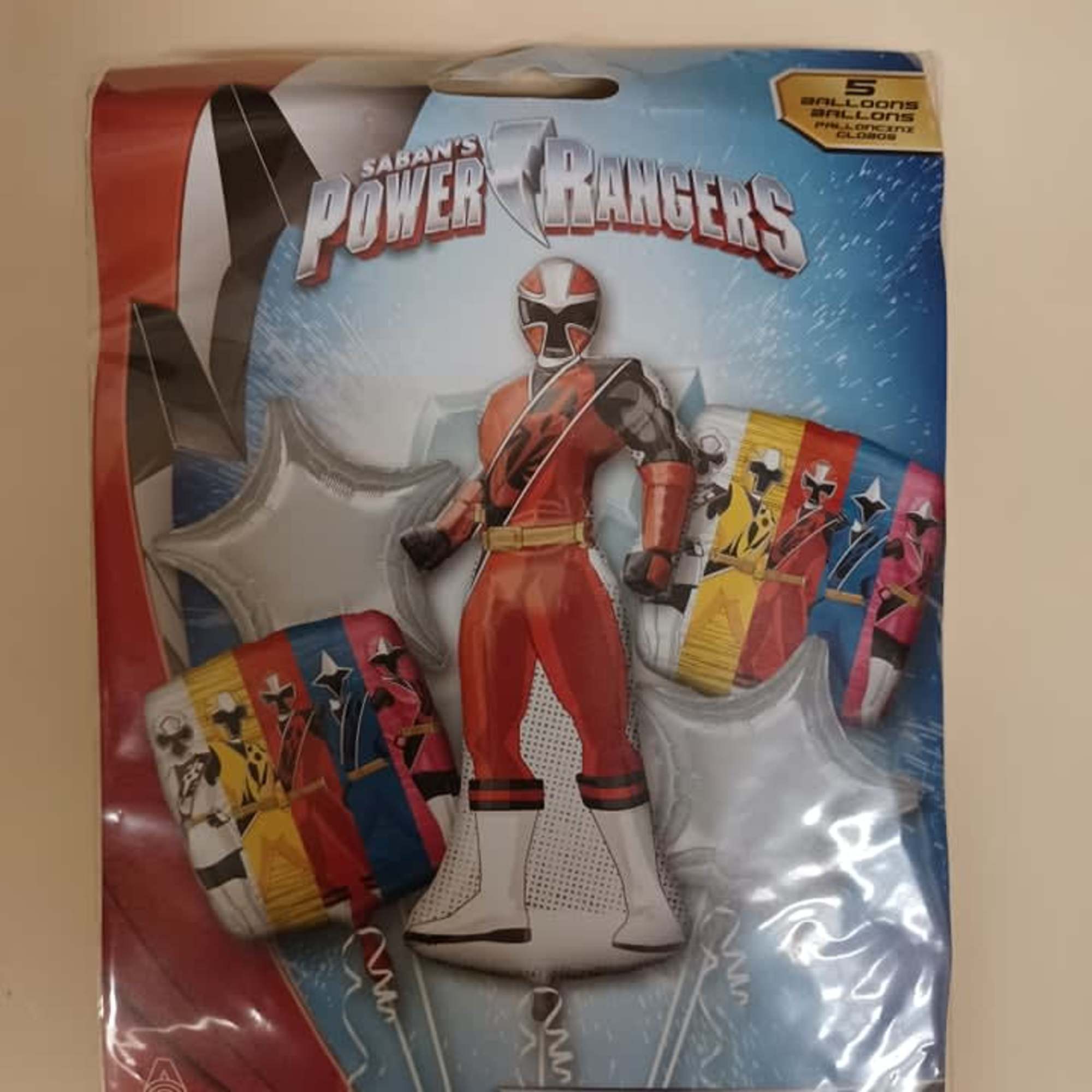 Power Rangers balloon bouquet package with red, blue, and silver balloons